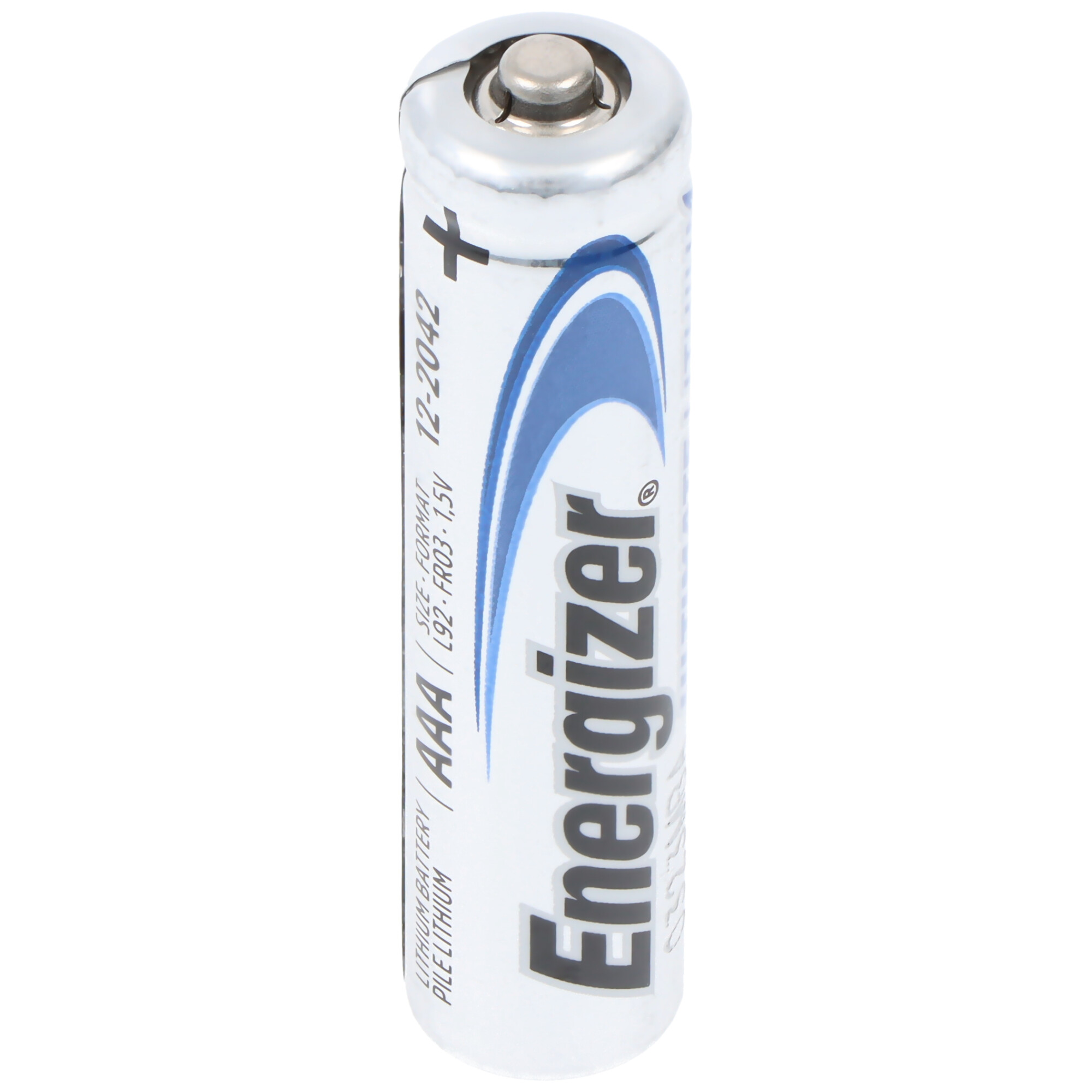 AAA Energizer-Batterie mit weiß-blauem Etikett, isoliert auf weißem Hintergrund.