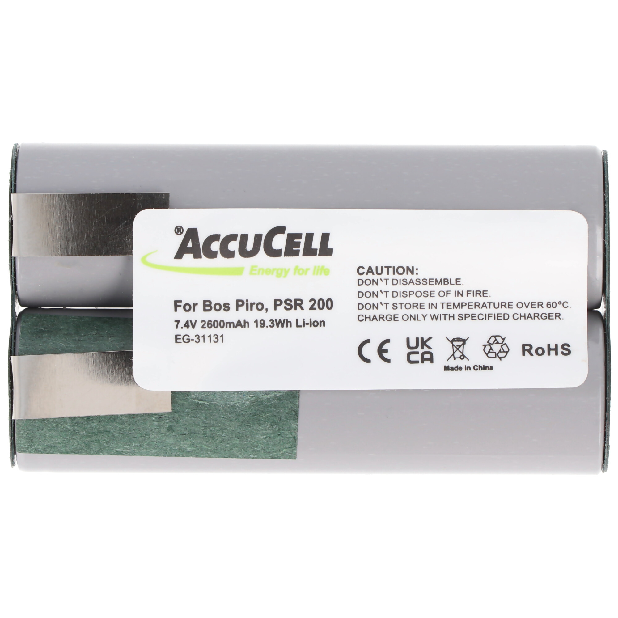 Zwei AccuCell-Batterien mit Etikett. Text: 7,4V 2600mAh 19,3Wh Li-Ion, Made in China, und Sicherheitshinweise.