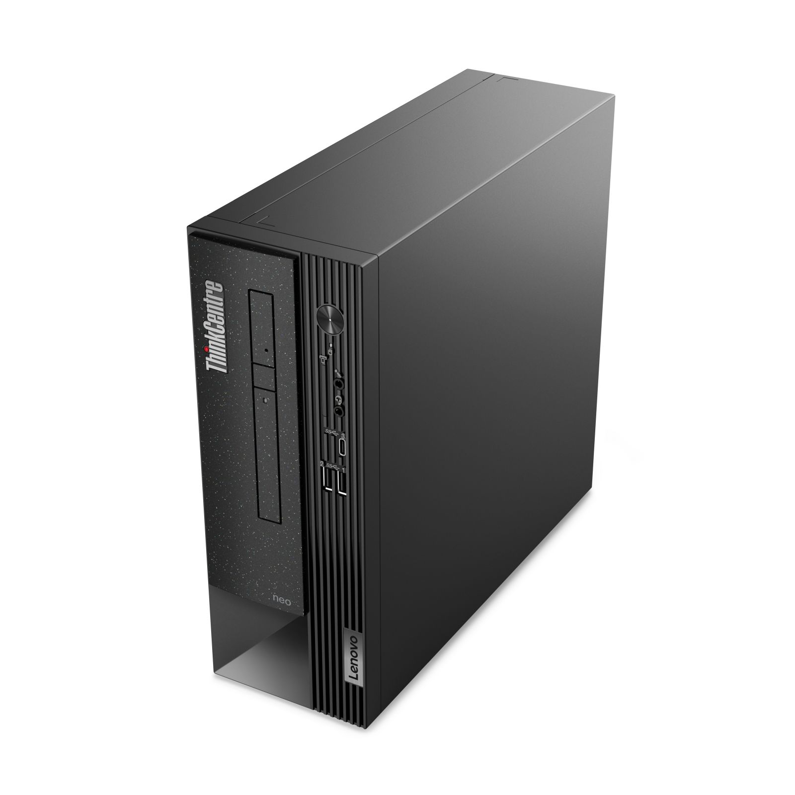A black Lenovo ThinkCentre neo desktop computer from a high angle. The front has a ThinkCentre logo.