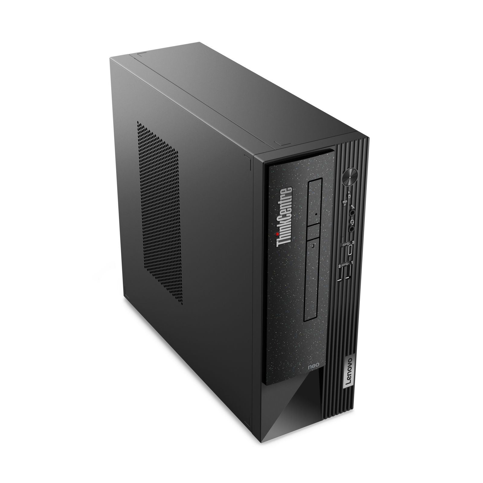 Black desktop computer with a ThinkCentre logo, a power button, and several ports.