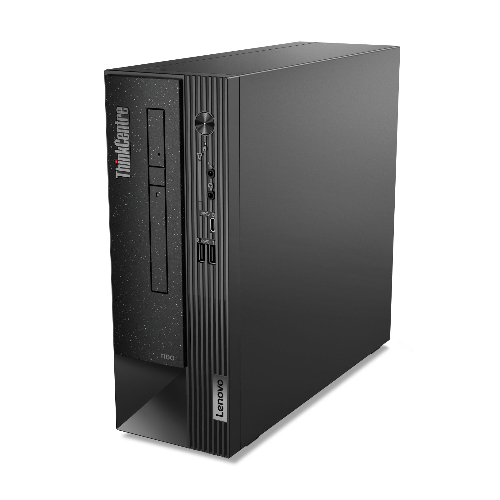 A black Lenovo ThinkCentre desktop computer stands upright. The front has a drive slot and ports.