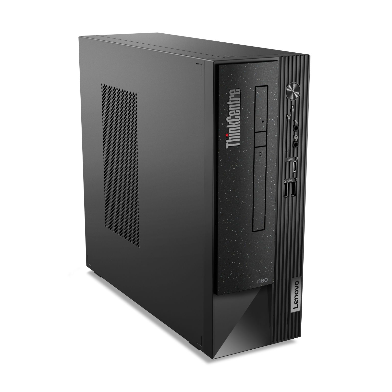A black computer tower with ThinkCentre and Lenovo logos.