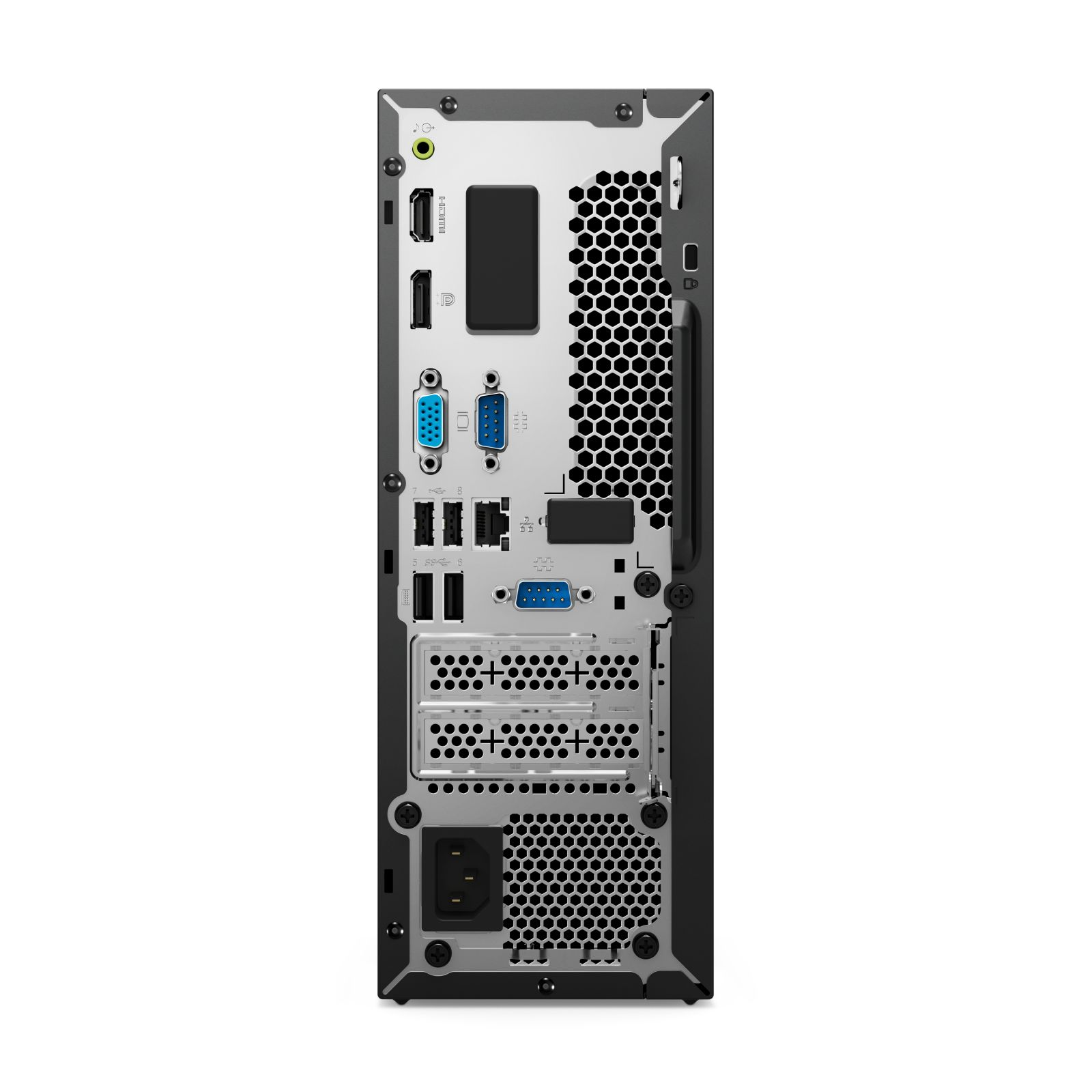 Rear view of a desktop computer with ports and a honeycomb vent.