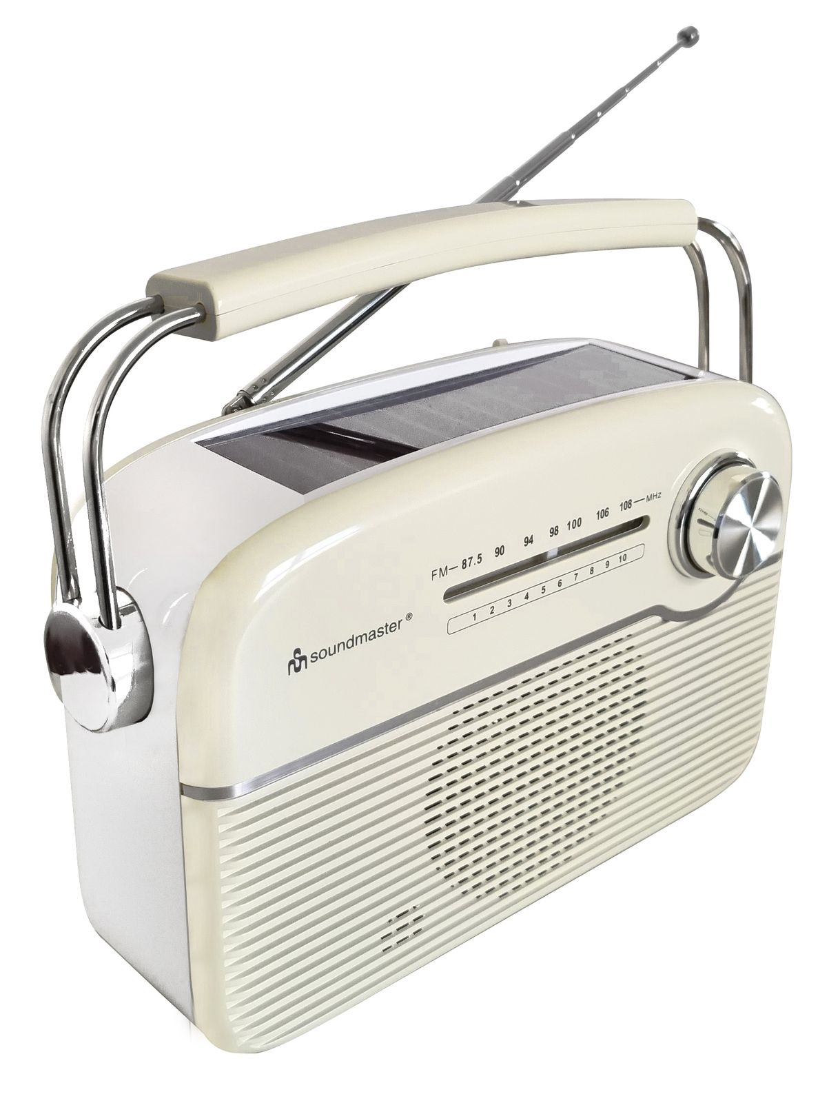 Cremefarbenes Retro-Radio mit Griff und Antenne, auf weißem Hintergrund platziert.