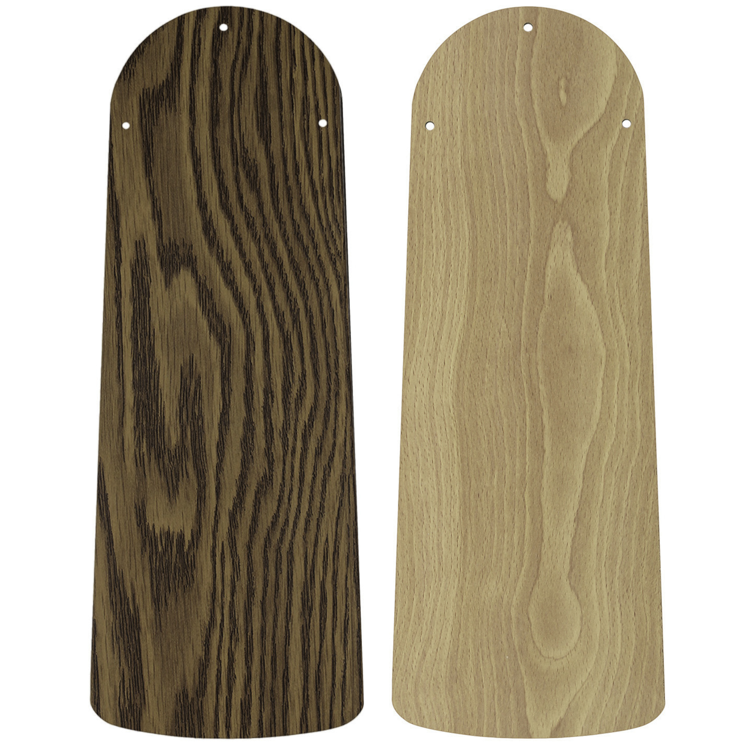 Zwei Holz-Ventilatorflügel; einer dunkelbraun, einer hellbraun, mit Schraublöchern oben.