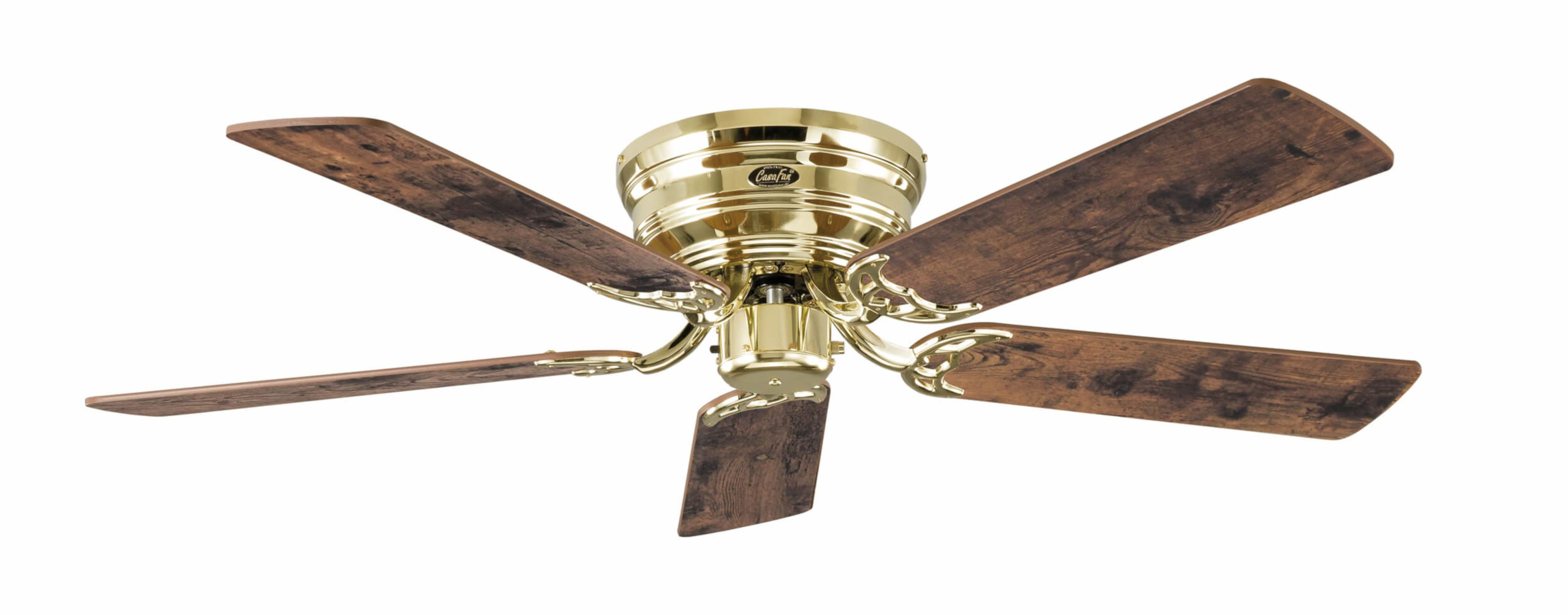 Ventilatore da soffitto con cinque pale in legno e un alloggiamento motore dorato.