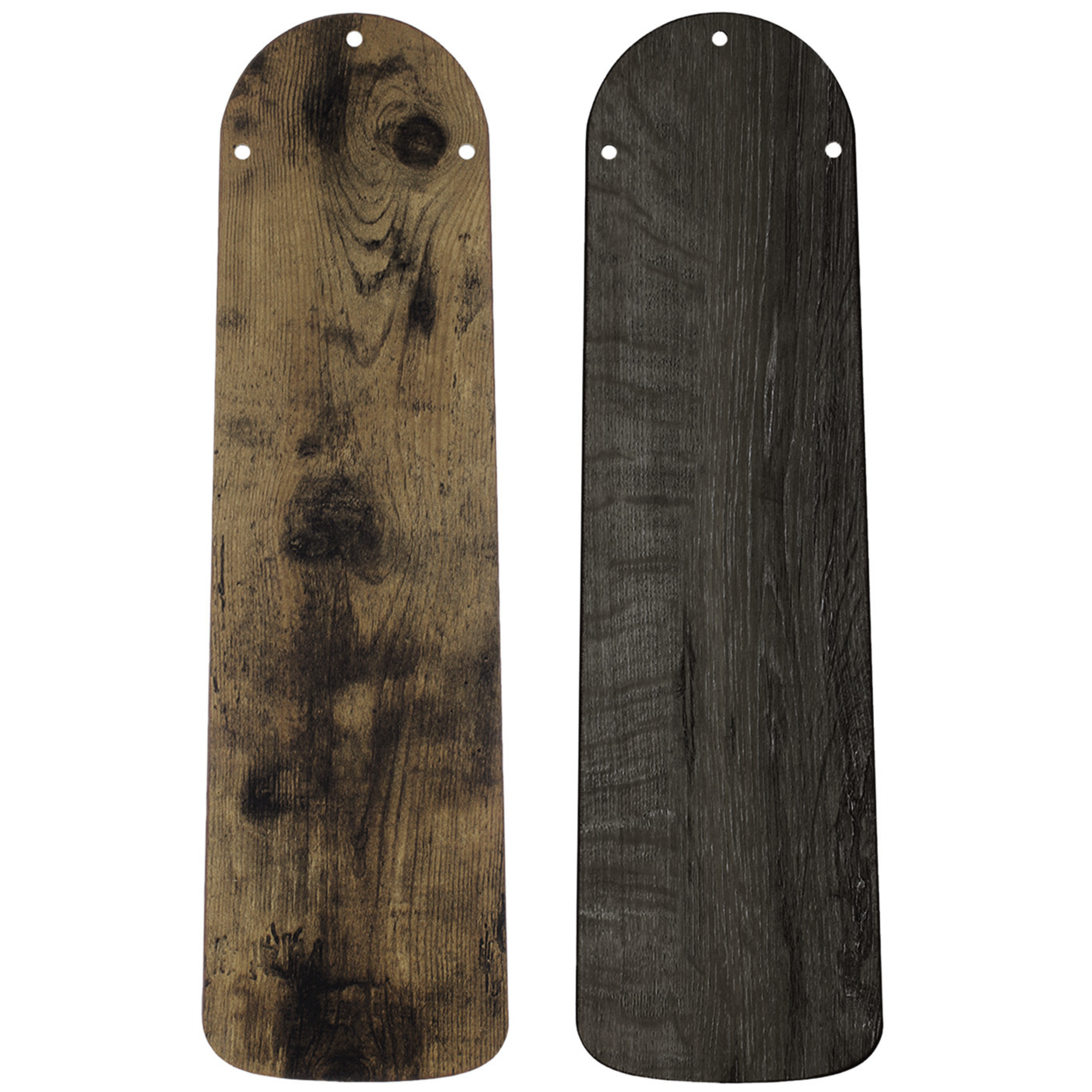 Due pale di ventilatore con un design a venature del legno, una chiara e una scura. Su sfondo bianco.