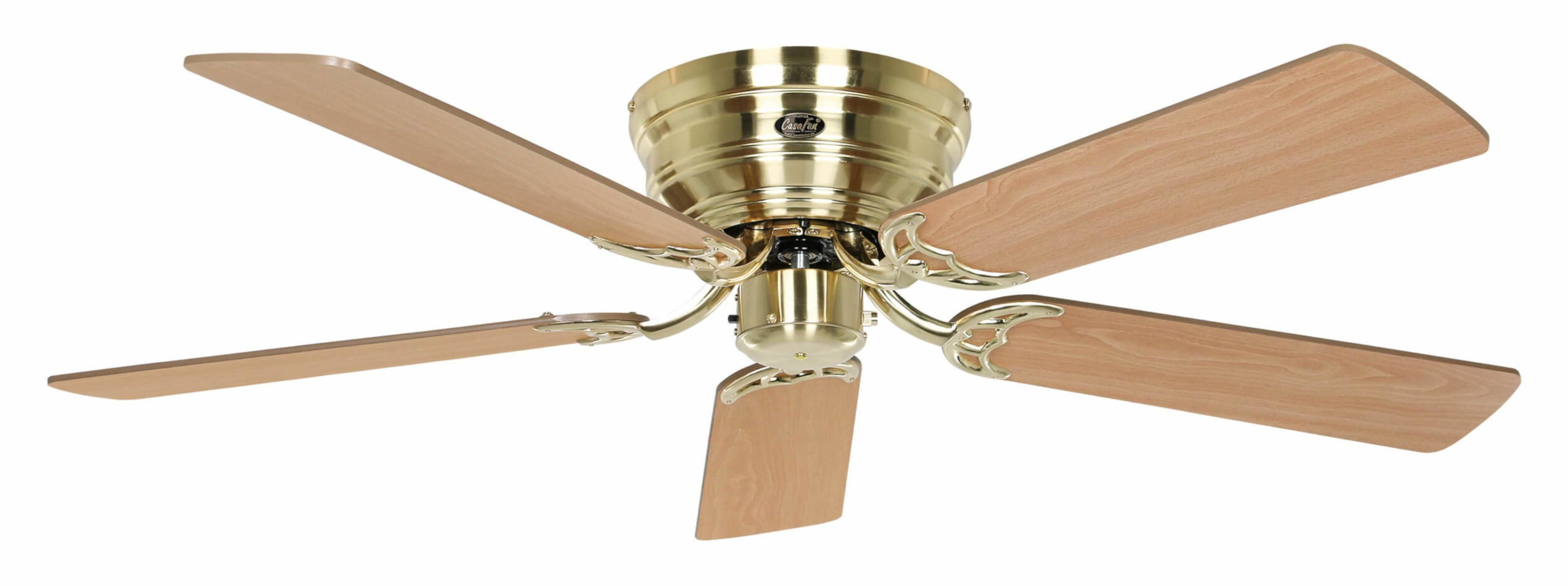 Ventilatore a soffitto con cinque pale in legno e alloggiamento dorato.