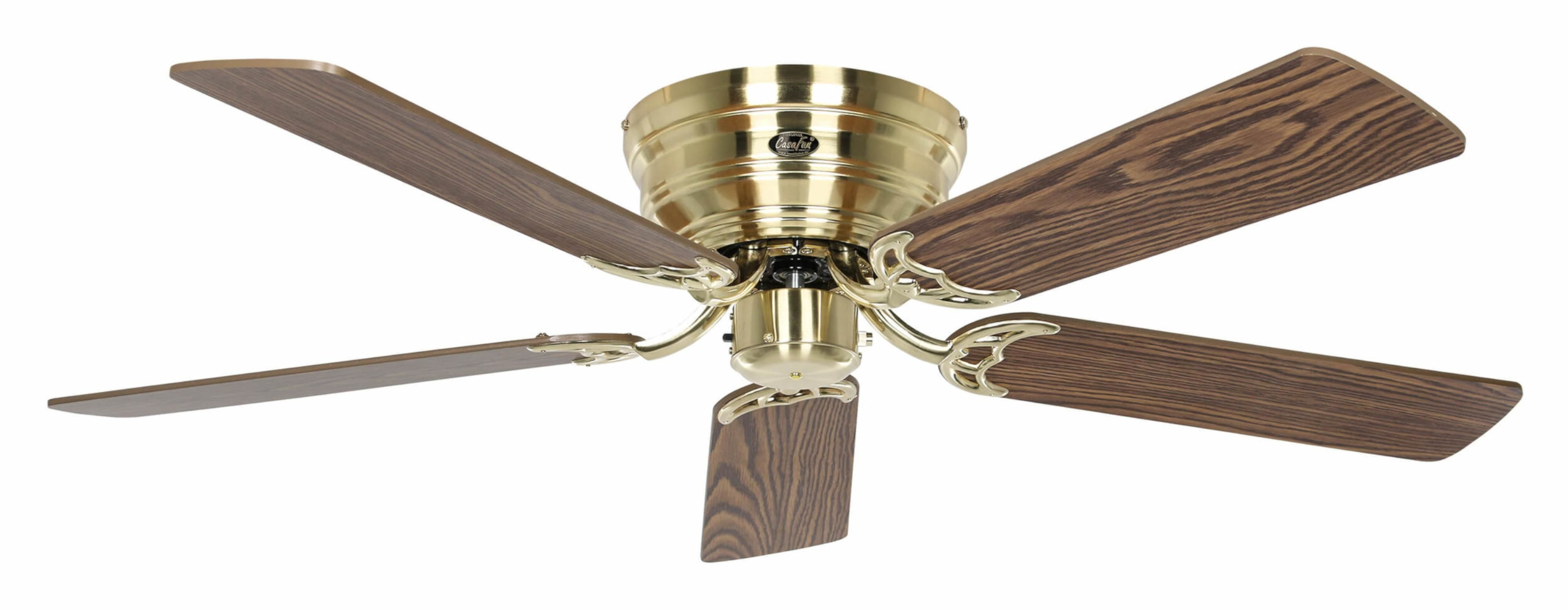 Un ventilatore da soffitto con 5 pale in legno e un alloggiamento del motore dorato. Le pale sono marroni con venature del legno.