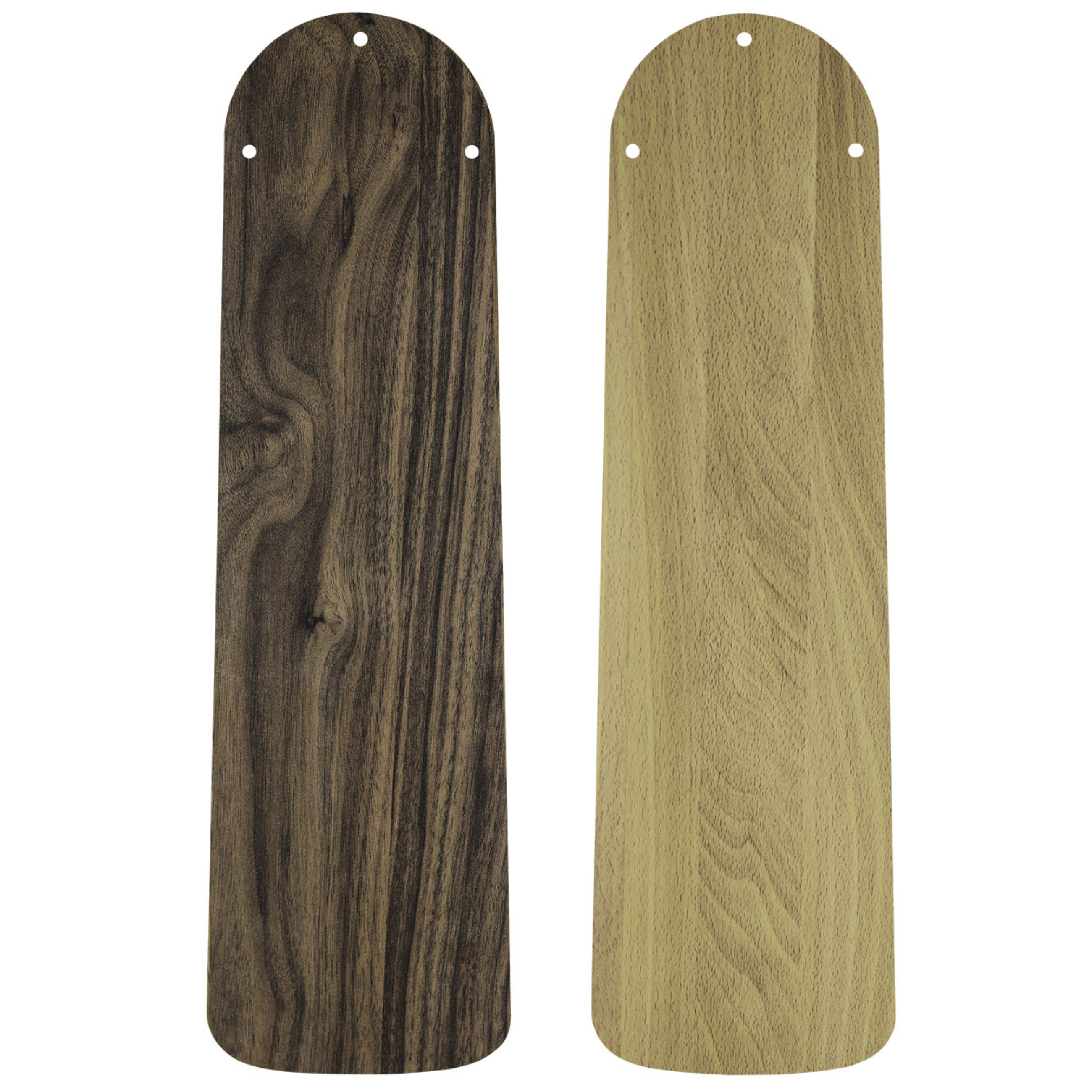 Due pale di ventola in legno, una marrone scuro e una marrone chiaro.