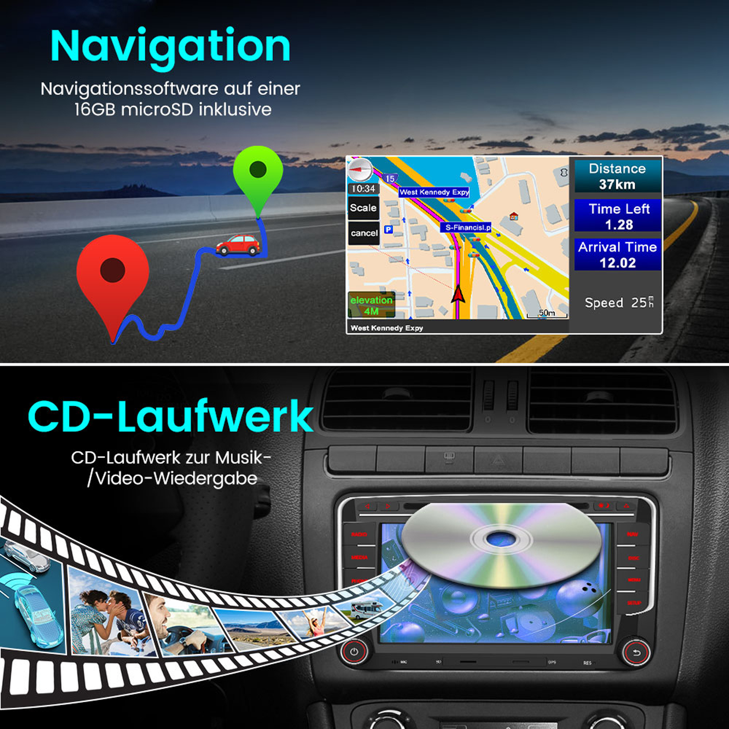 Auto-Armaturenbrett mit Navigations- und CD-Player-Funktionen.