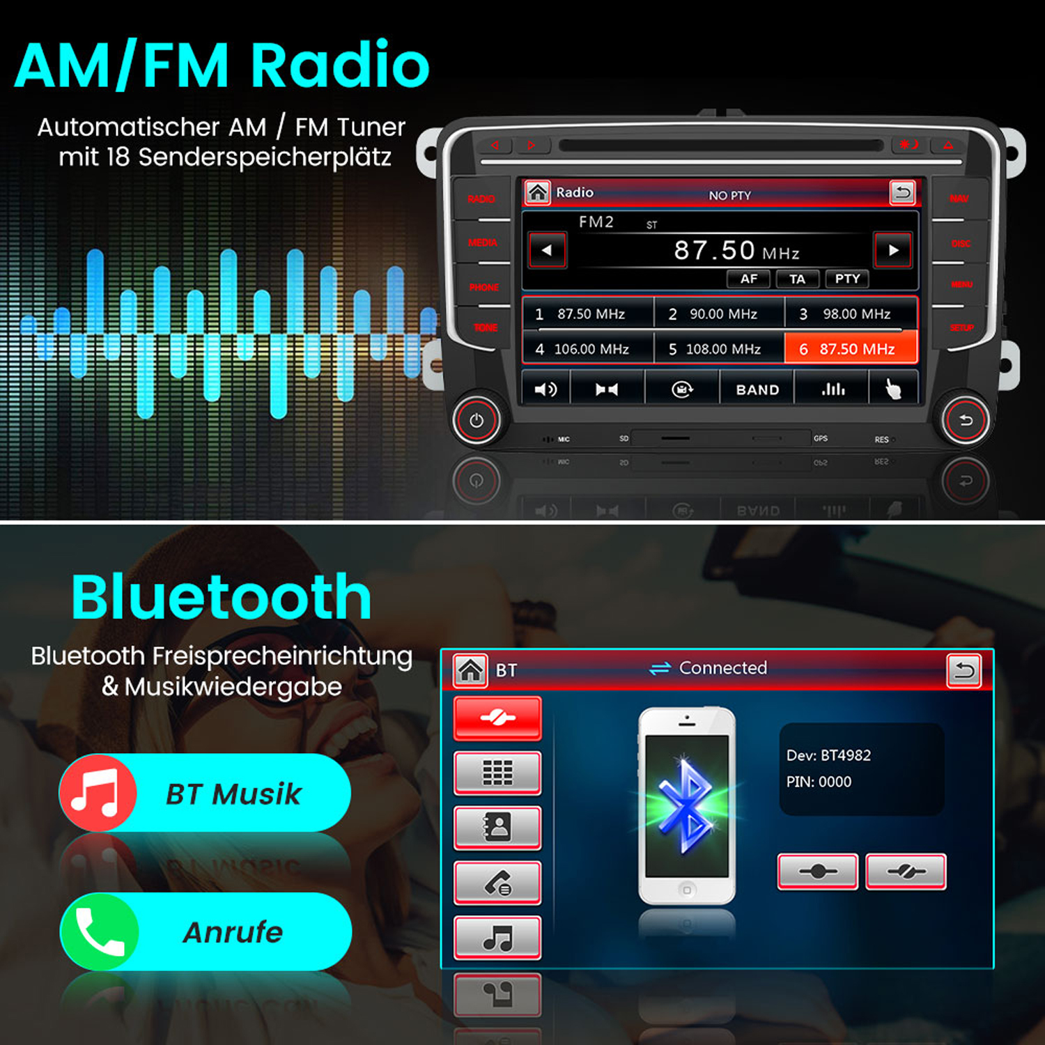 Autoradio-Bildschirm mit Radio-Oberfläche, mit Tasten und einem angeschlossenen Telefon.