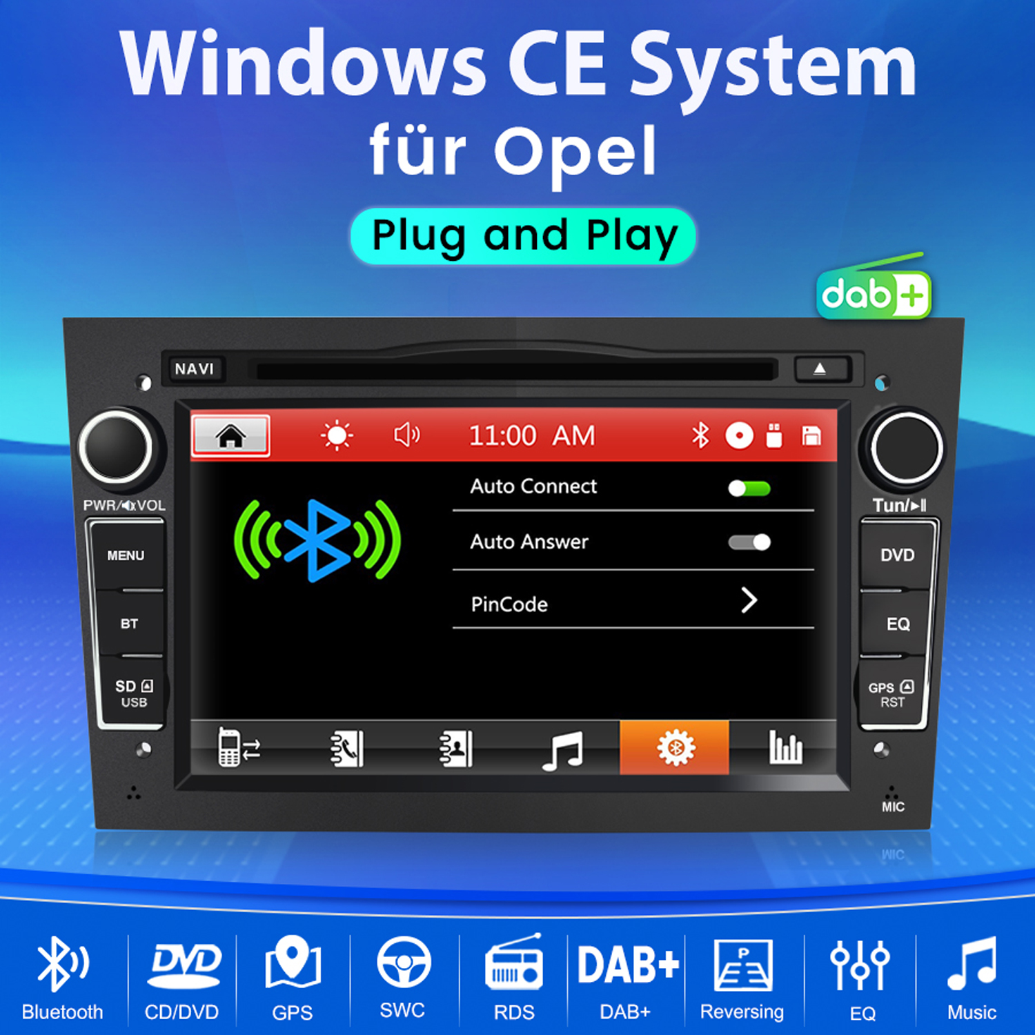 Autoradio mit Touchscreen, der Informationen anzeigt, umgeben von Symbolen.