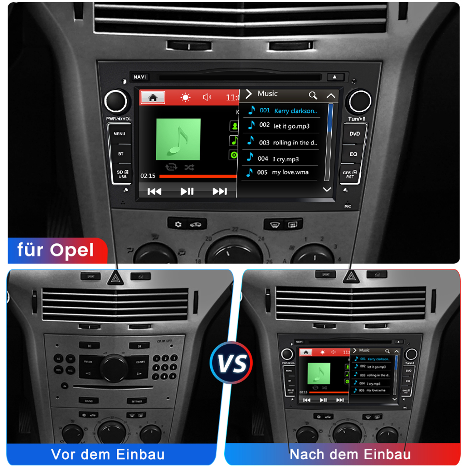 Autoradio vor und nach dem Einbau. Das installierte Gerät hat einen Bildschirm und eine Musikoberfläche.