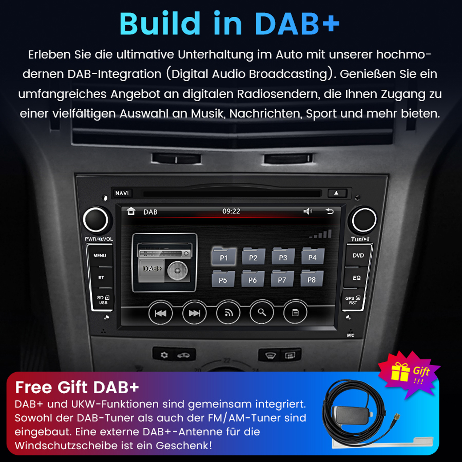 Autoradio mit Display und verschiedenen Tasten. Kabel und eine Geschenkbox sind im Bild.