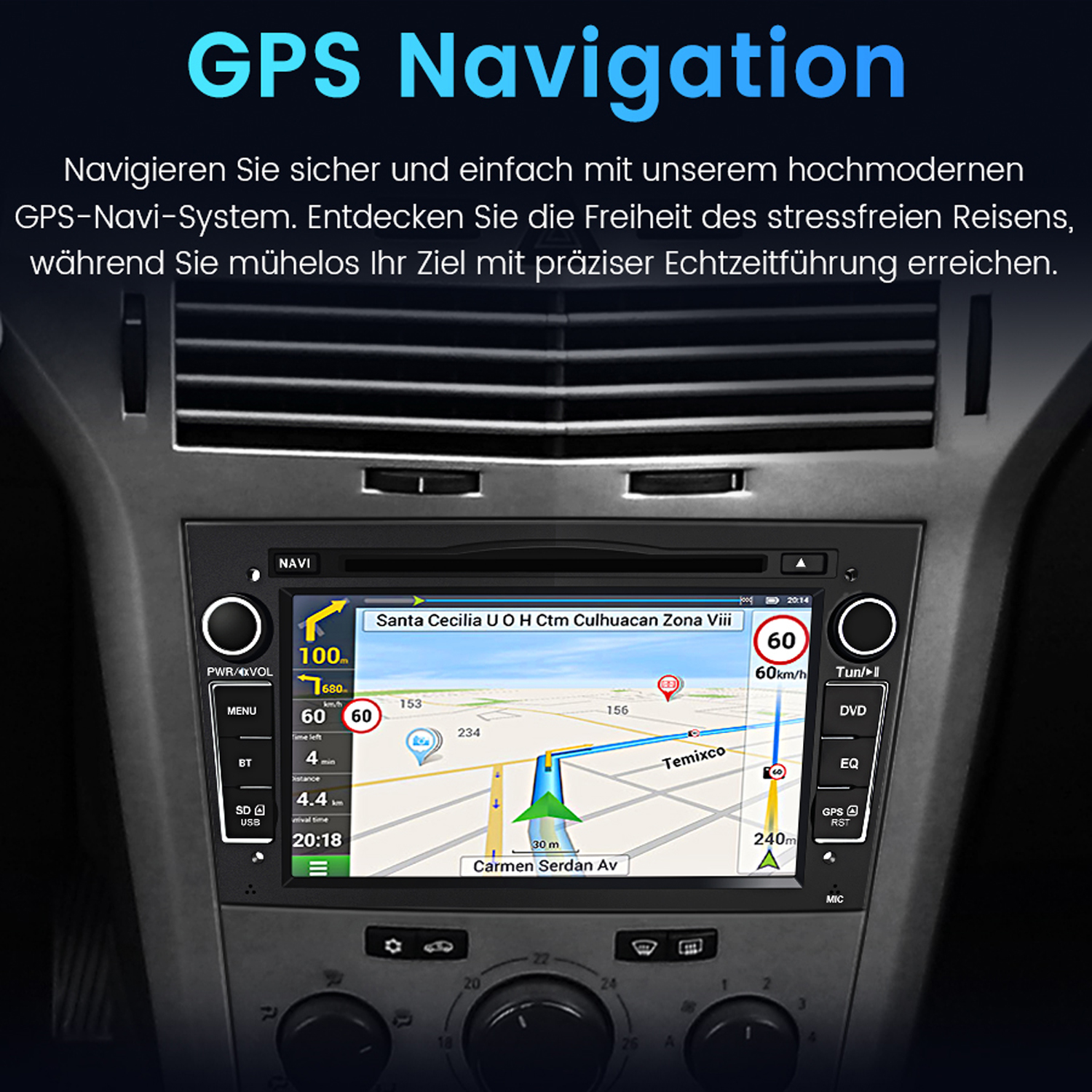 Navigationsbildschirm im Auto mit Karte, umgeben von Knöpfen. Text: 'GPS Navigation'.