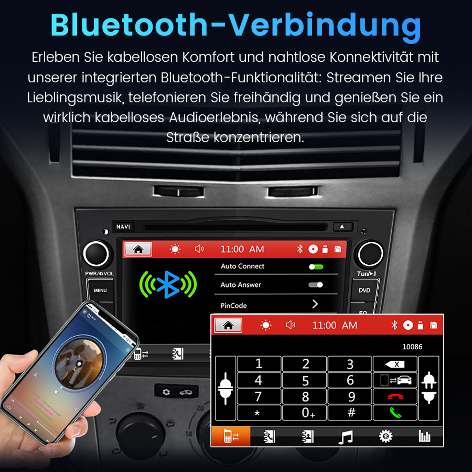 Autoradio-Bildschirm mit einem Handy mit Musik-App und einer Tastatur. Bluetooth-Verbindung hervorgehoben.