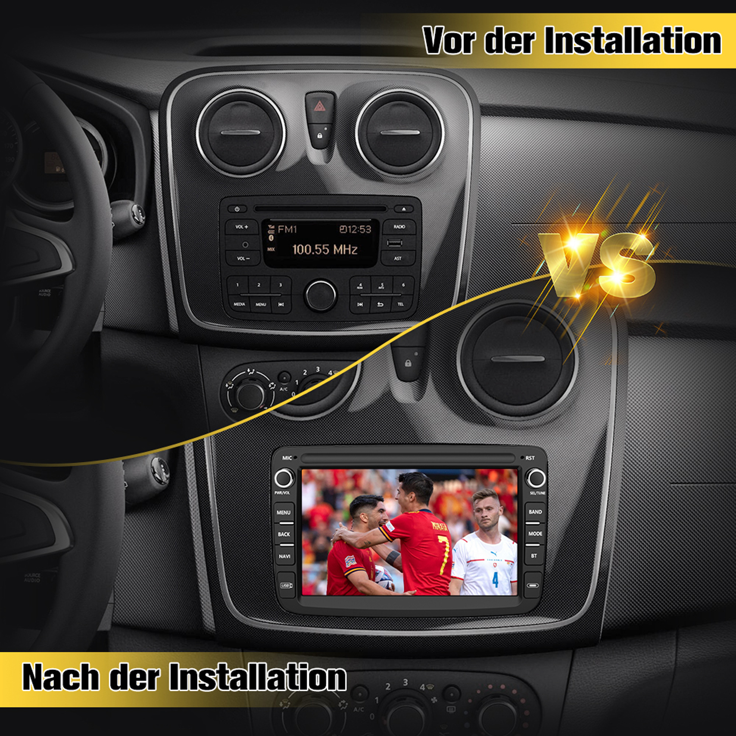 Vergleich der Autoradio-Installation: Vorher und Nachher, mit neuem Display und Fußballspiel.