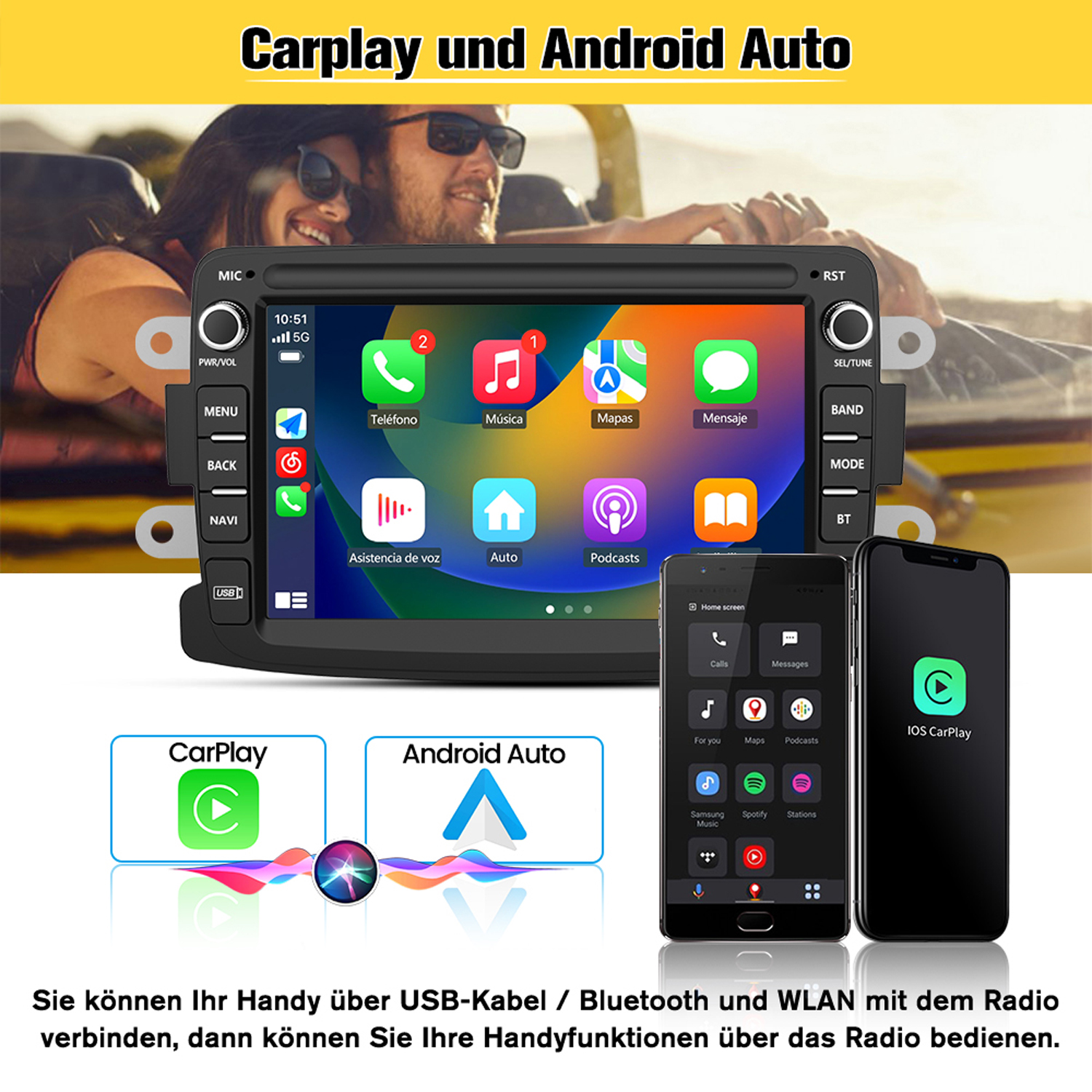 Car-Multimedia-System mit Bildschirm, der App-Symbole zeigt und zwei Smartphones.