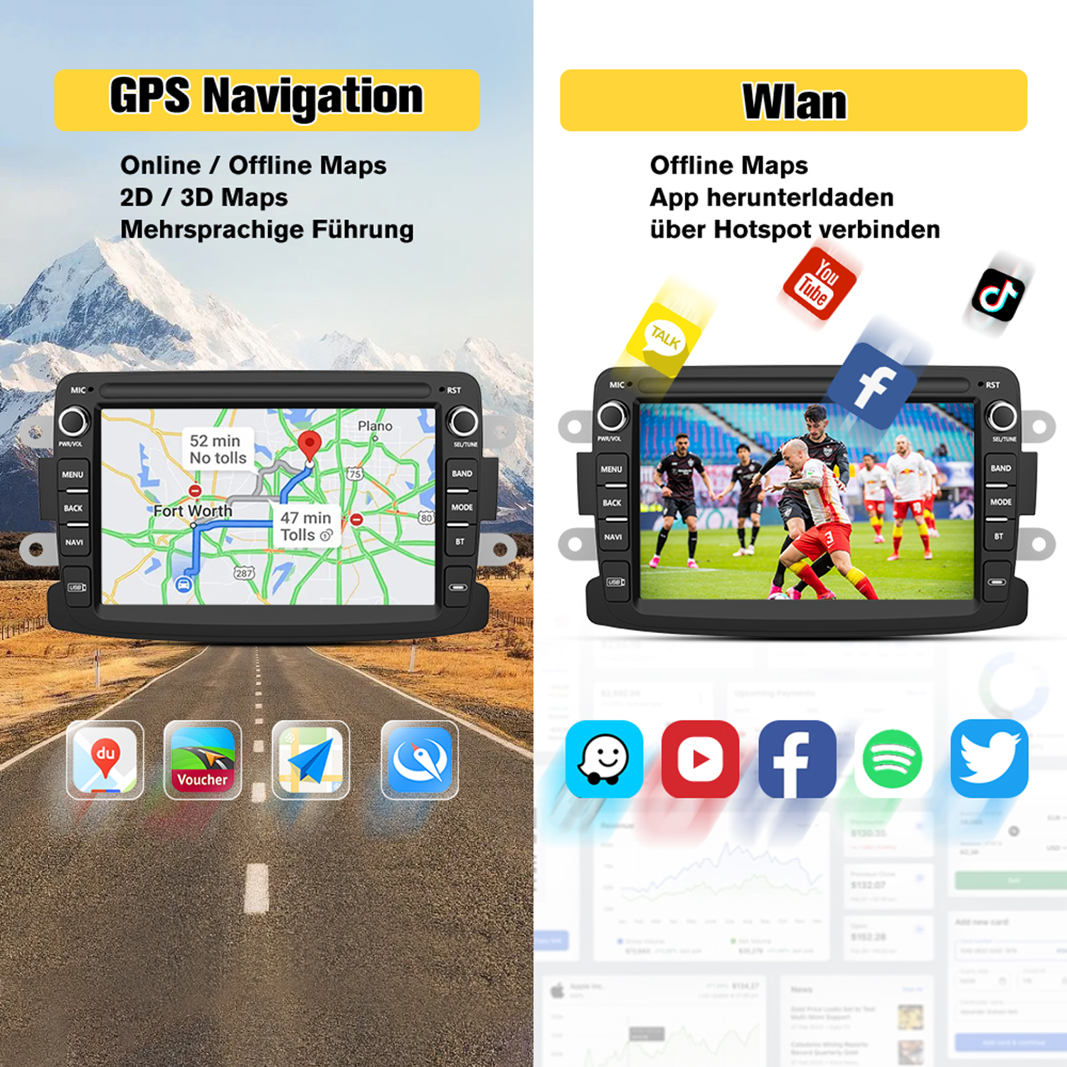 Auto-Multimedia-Systembildschirm mit GPS-Navigation und WLAN-Funktionen, mit App-Symbolen.