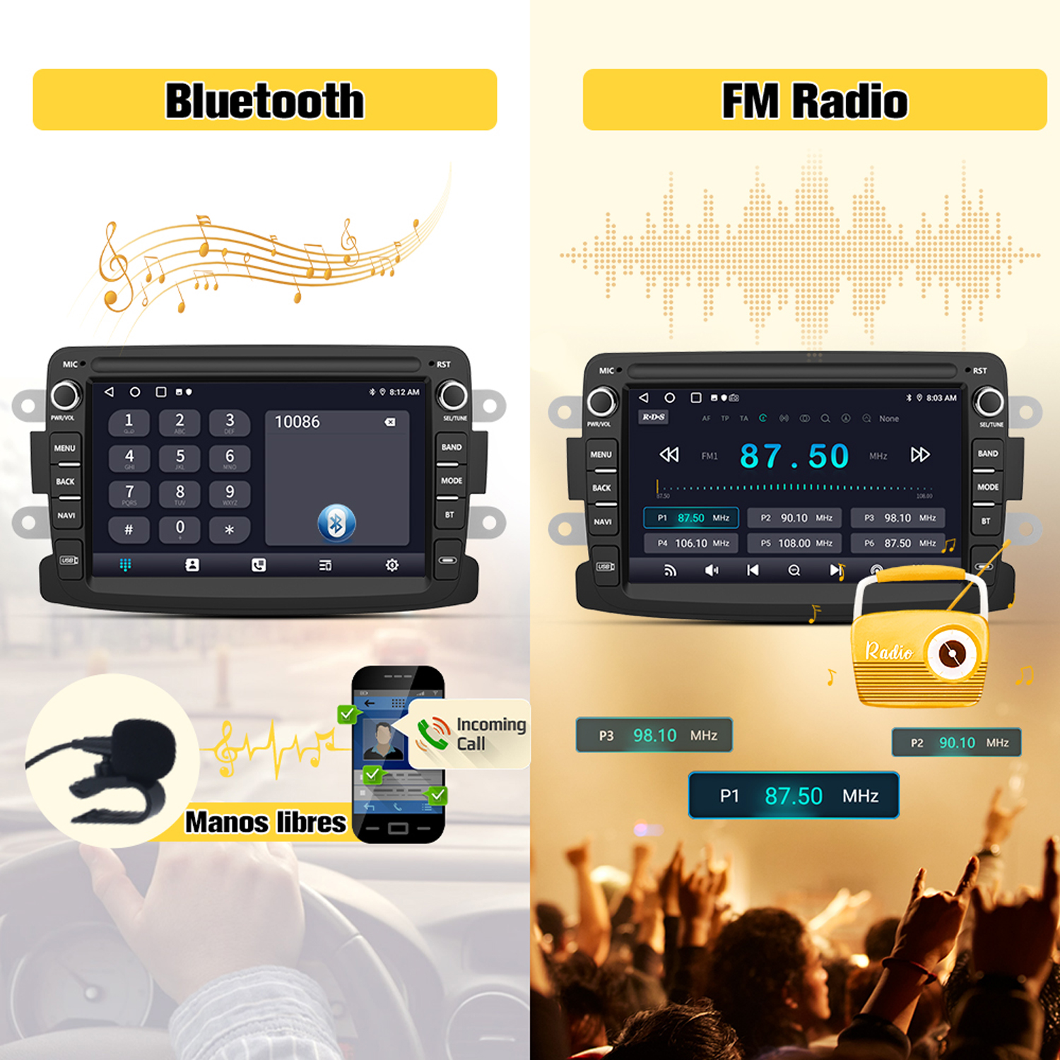 Autoradio-System zeigt Bluetooth- und UKW-Radiofunktionen mit Illustrationen der Anruf- und Musikoberfläche.