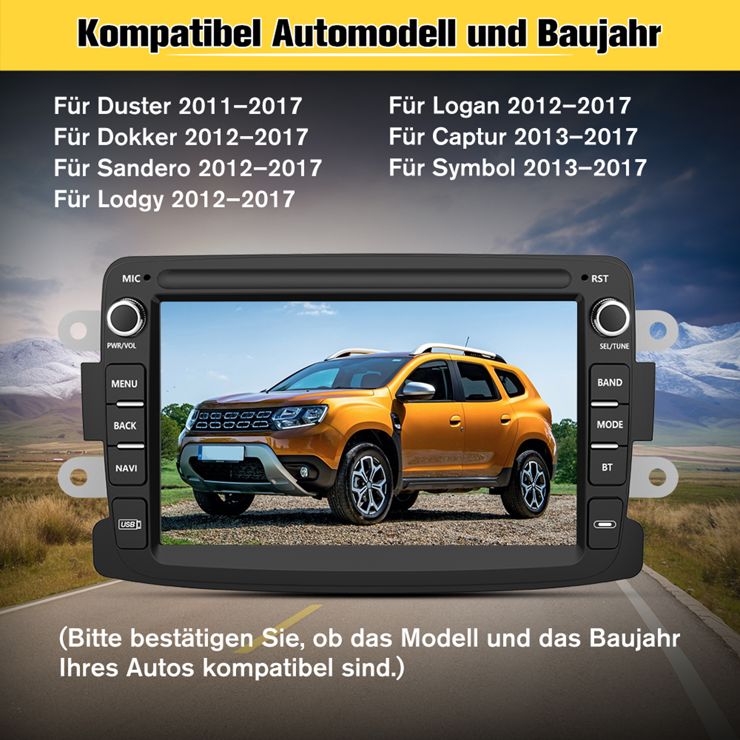 Autoradio mit Anzeige eines orangefarbenen Autos, umgeben von kompatiblen Automodellen und Baujahren.