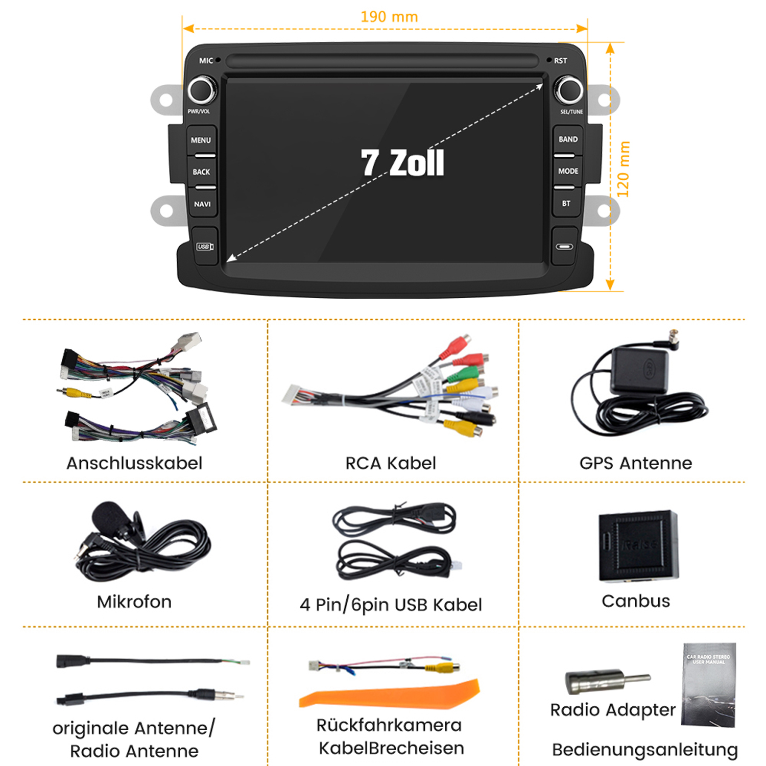 Autoradio-Komponenten: Kabel, Antenne, GPS, Mikrofon und Adapter. Alle mit Etiketten gezeigt.