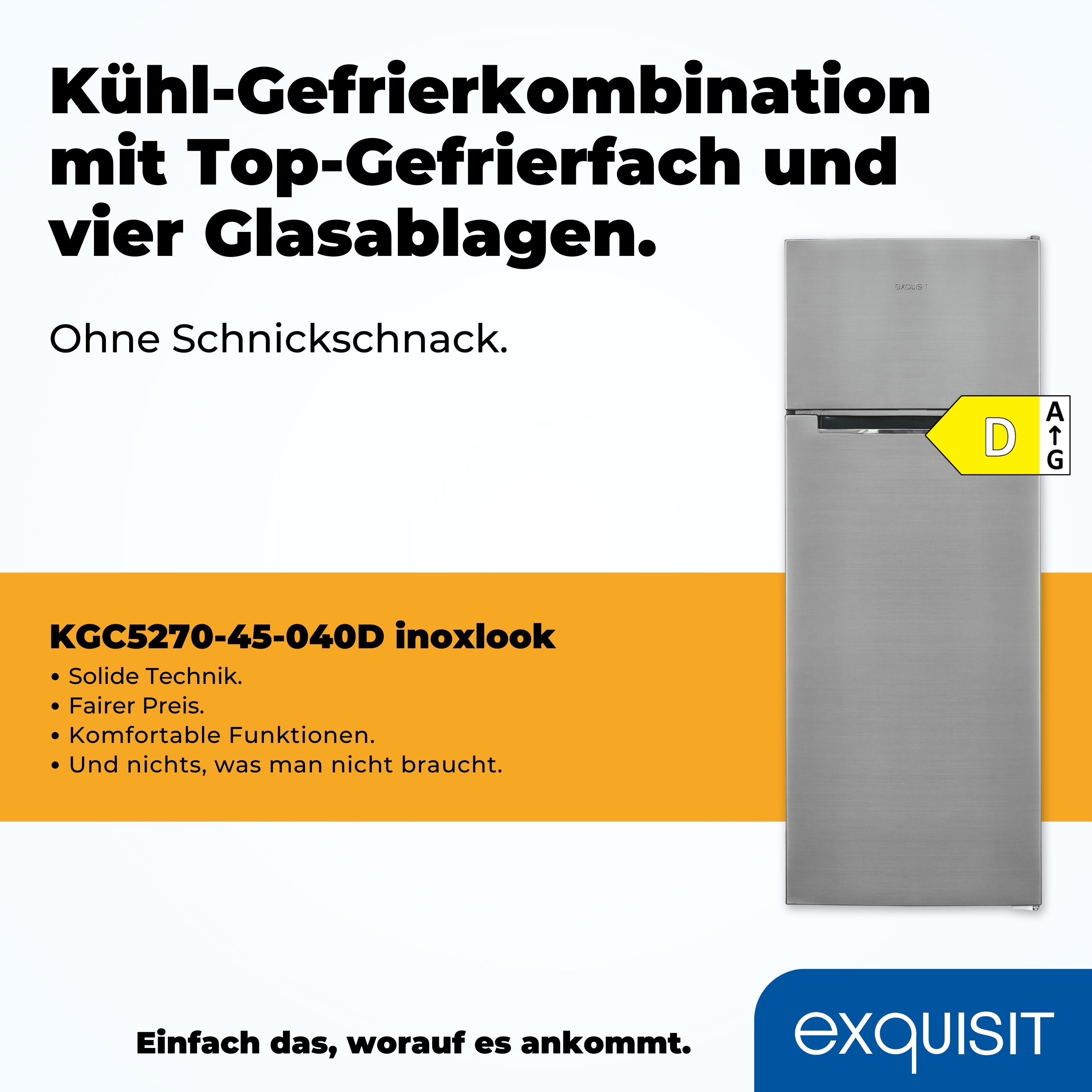Ein silberner Kühlschrank mit einem oberen Gefrierfach. Es befindet sich auf weißem Hintergrund. Das Energielabel ist sichtbar.