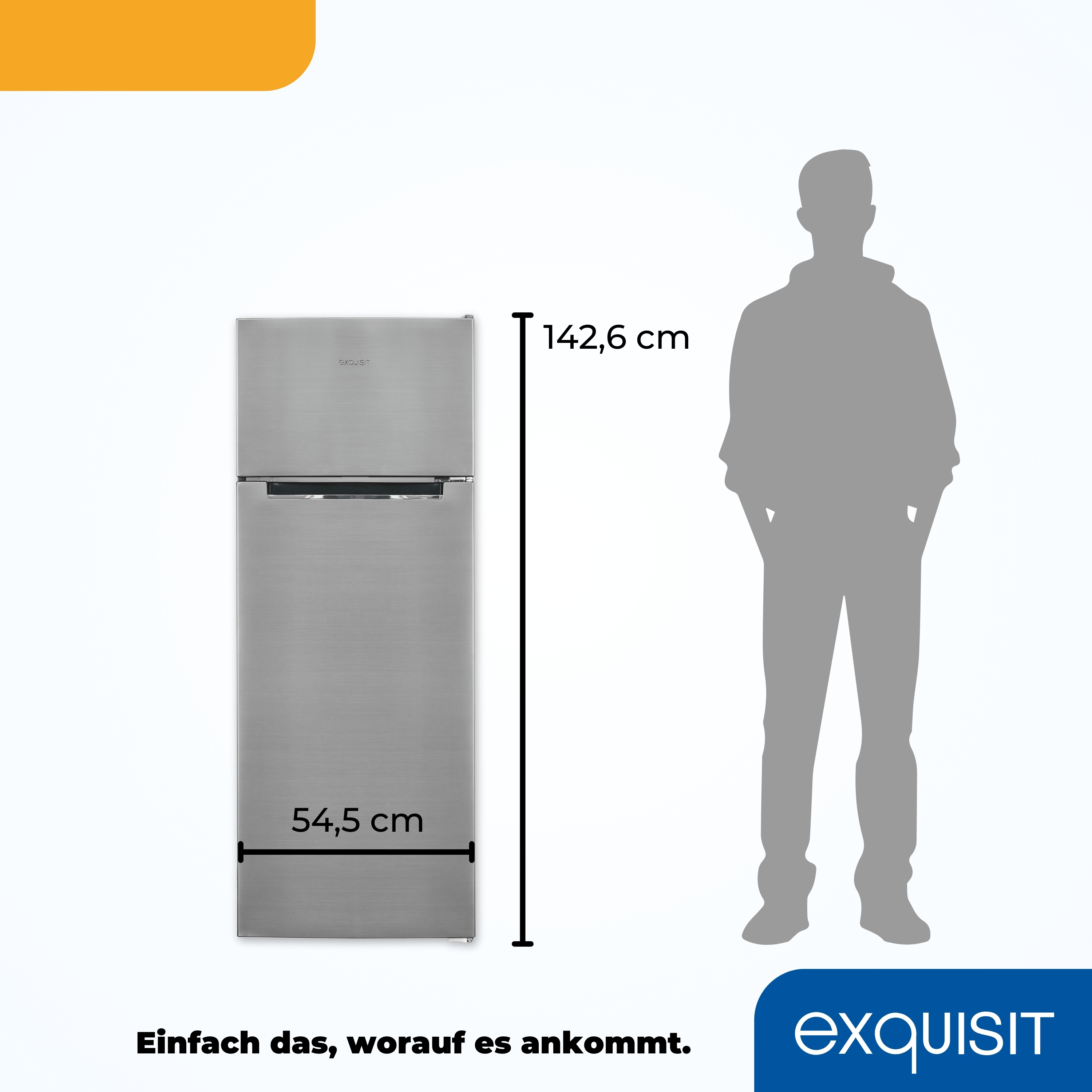 Ein silberner Kühlschrank mit Maßen und einer Silhouette einer Person. Weißer Hintergrund.
