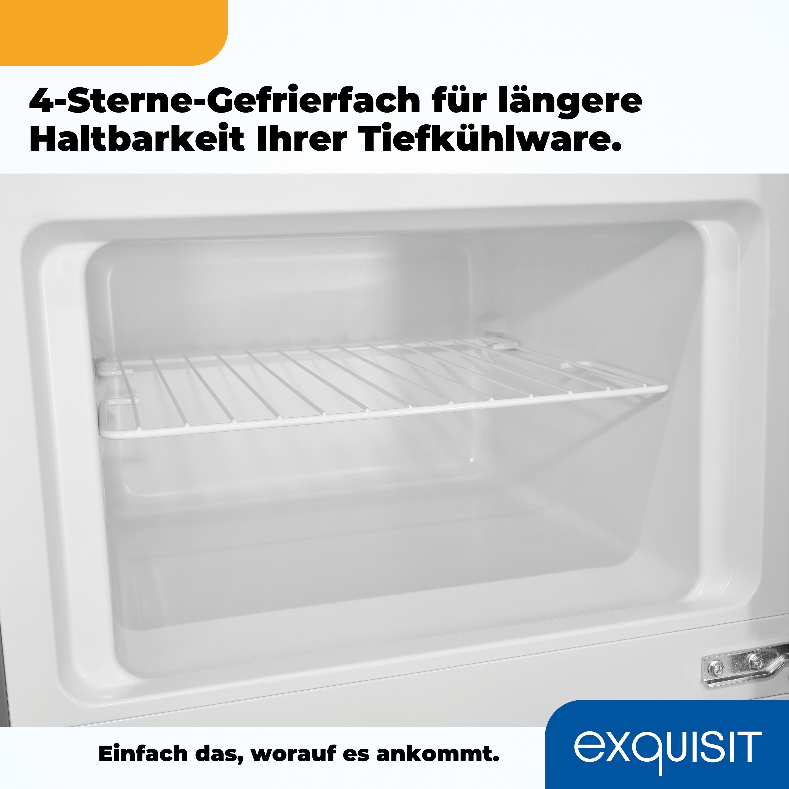 Weißer Kühlschrankinnenraum mit Regal, Text auf Deutsch und Markenlogo, weißer Hintergrund.