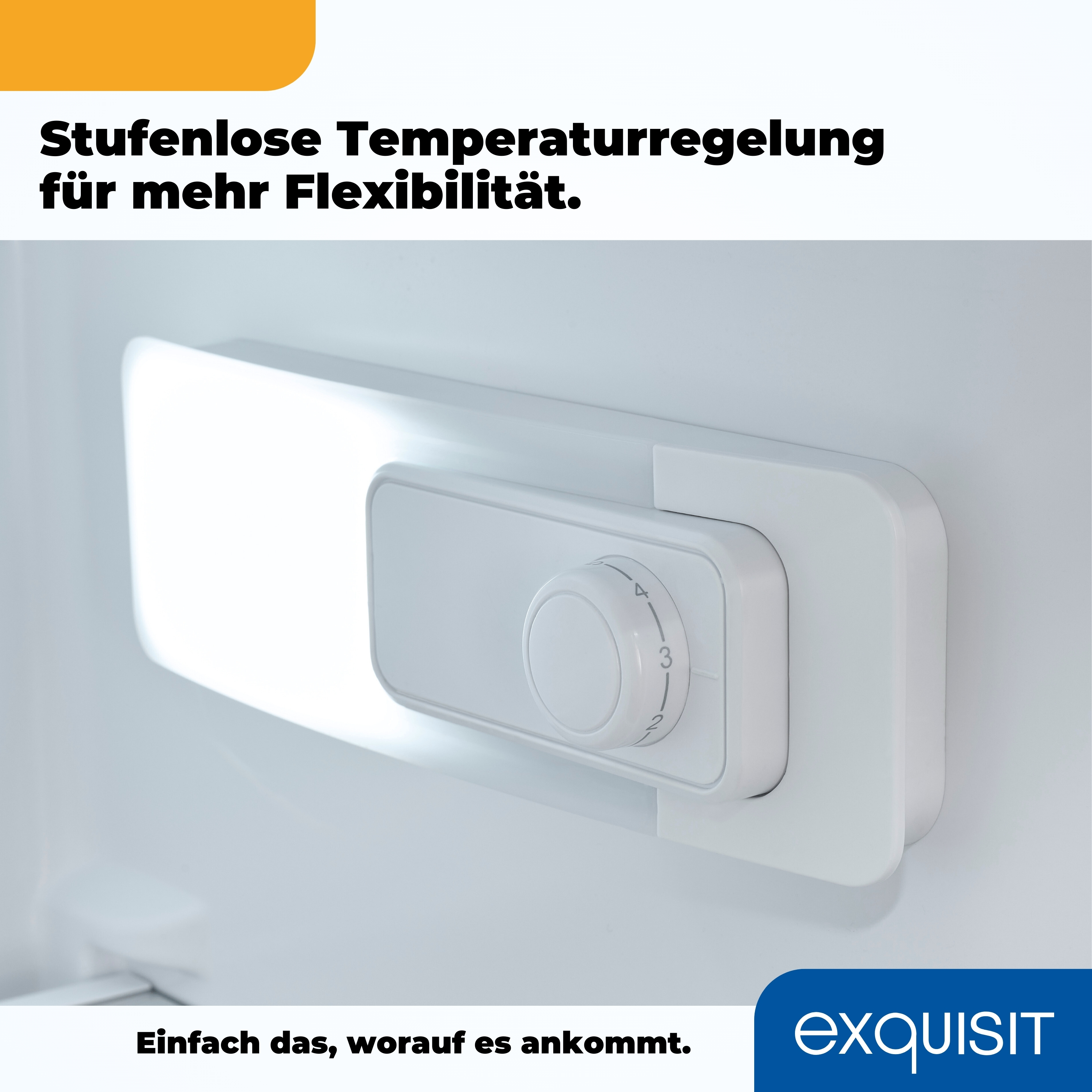 Weißes Kühlschrank-Bedienfeld. Ein Drehknopf von 1 bis 4. Der Text oben lautet 'Stufenlose Temperaturregelung'.