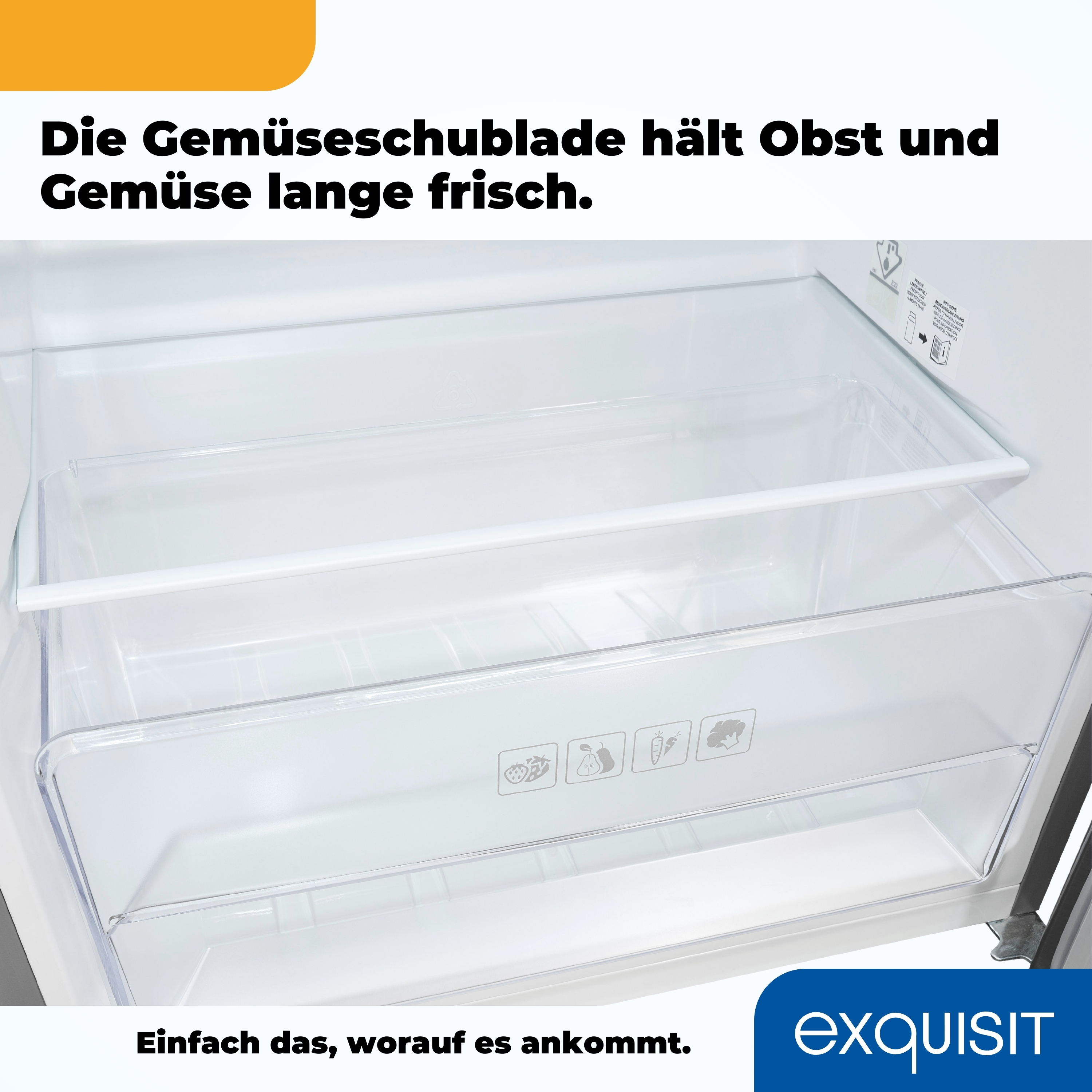 Die Gemüseschublade eines Kühlschranks mit zwei Fächern und Symbolen für Obst und Gemüse.