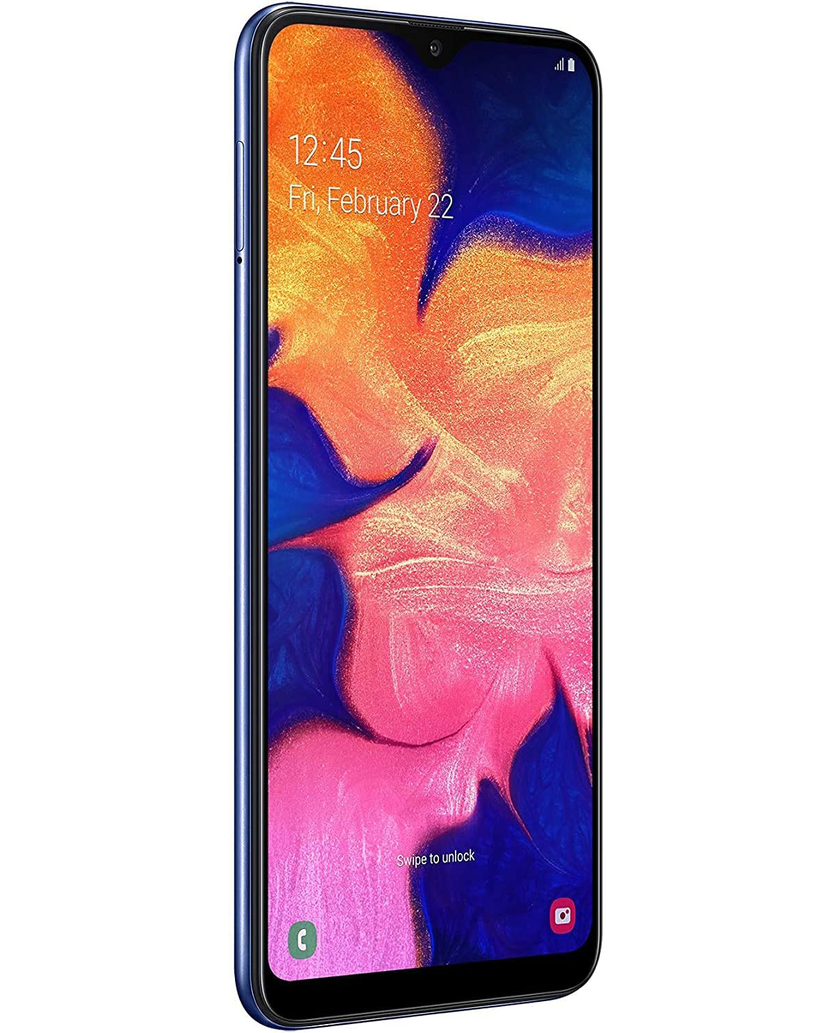 Ein blaues Smartphone mit einem Bildschirm, der die Uhrzeit und einen Sperrbildschirm anzeigt. Der Hintergrund ist weiß.