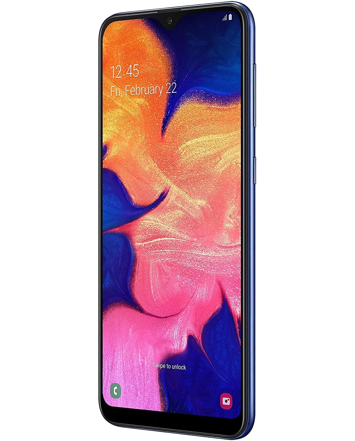 Ein blaues Smartphone mit einem farbenfrohen, abstrakten Hintergrundbild. Uhrzeit und Datum werden angezeigt.