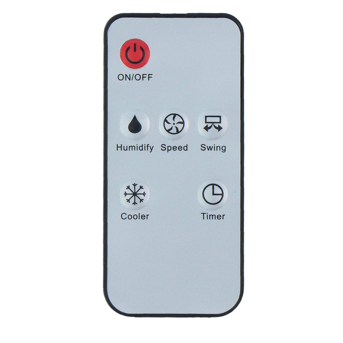 Un control remoto blanco con botones etiquetados: ON/OFF, Humidify, Speed, Swing, Cooler, Timer.