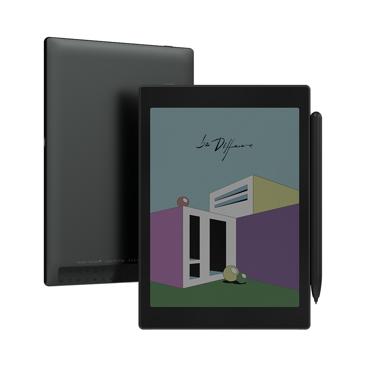Ein schwarzes Tablet mit Stift, das ein farbenfrohes abstraktes Bild zeigt.