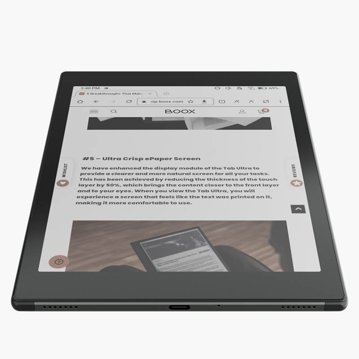 Tablet mit Webseite. Text: Ultra crisp ePaper screen. Grauer Rahmen. Weißer Hintergrund.
