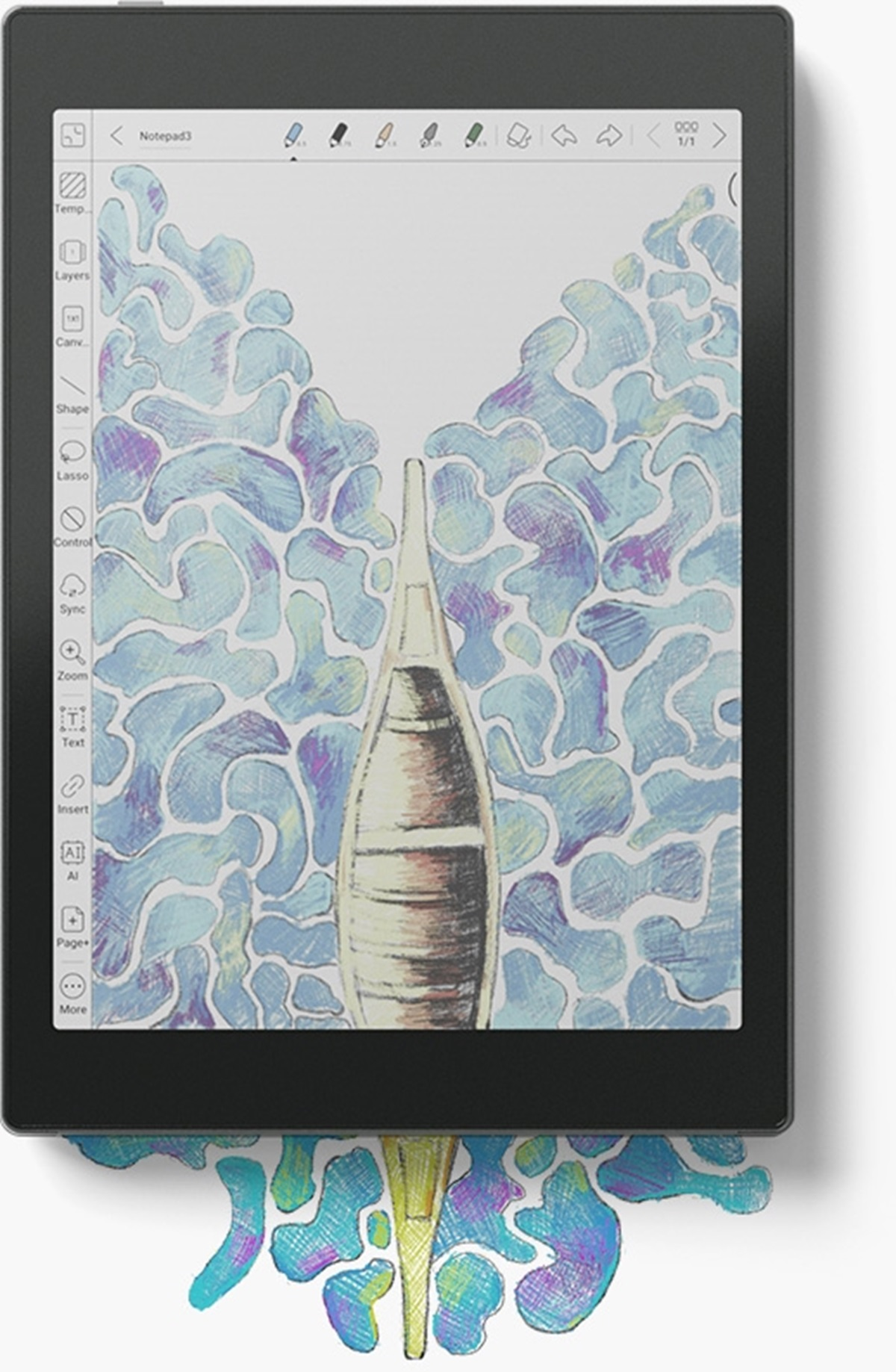 Ein Tablet, das eine farbenfrohe Zeichnung anzeigt. Die Zeichnung ist eine Flaschenform.