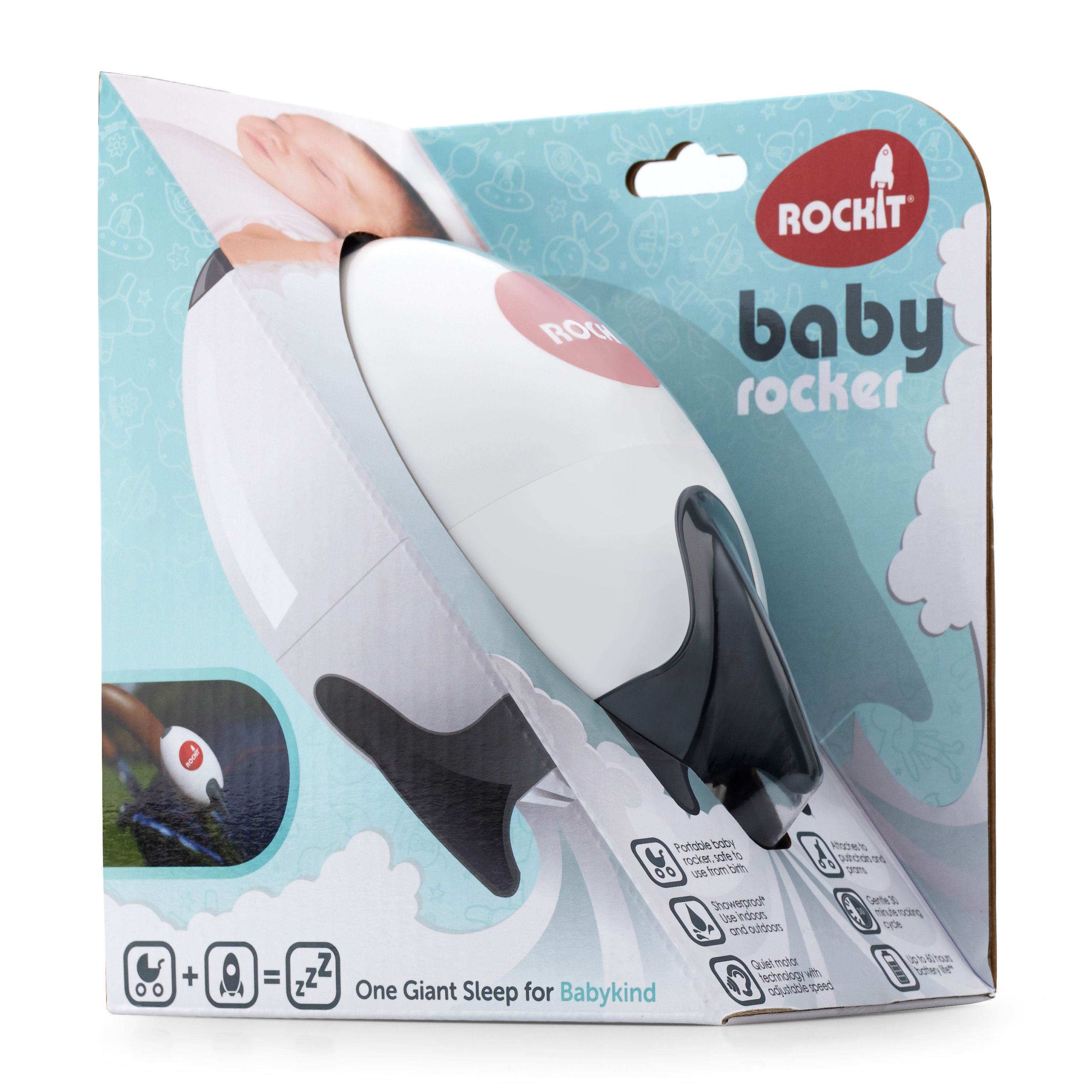 Babywippe in Verpackung, hauptsächlich weiß mit schwarzem und rotem Akzent.