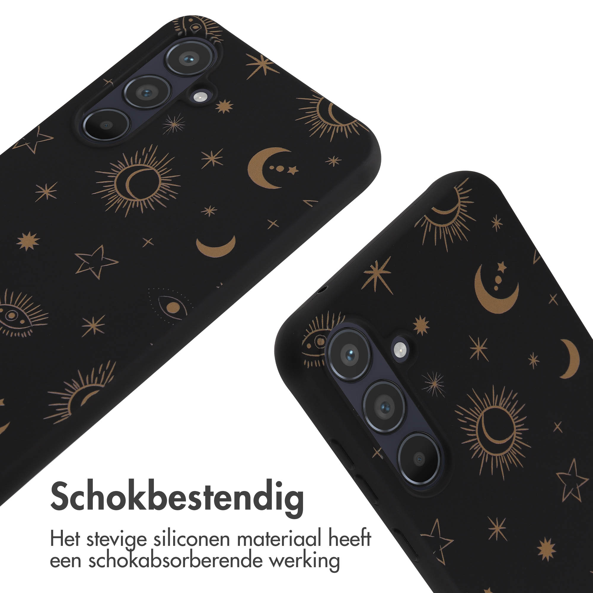 Coque de téléphone noire avec motifs célestes dorés, lune, soleil et étoiles.