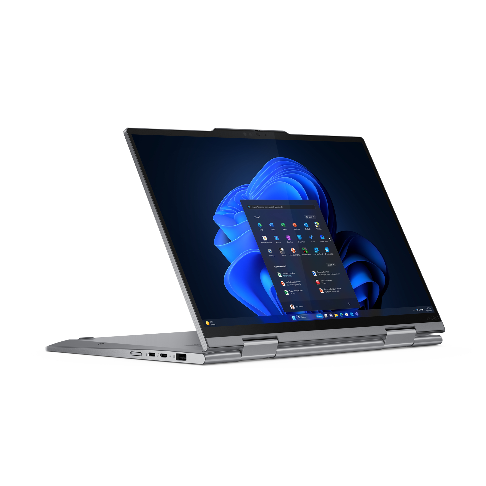 Srebrny laptop, otwarty, wyświetlacz Windows. Widok pod kątem. Białe tło.
