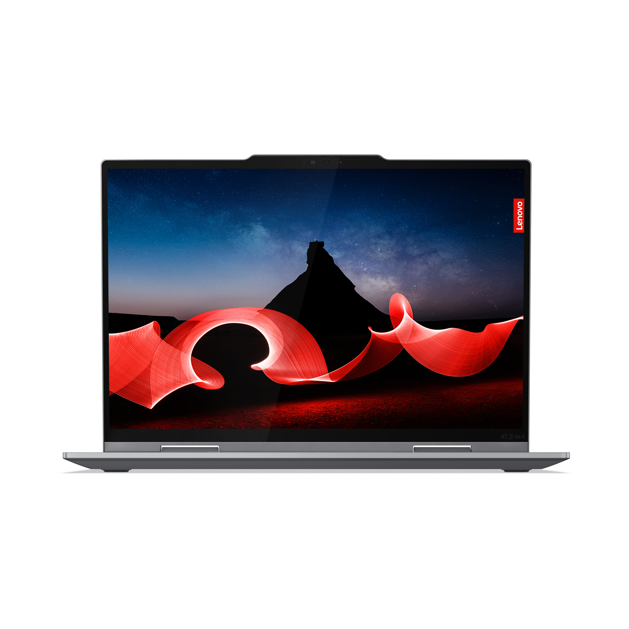 Laptop z czerwonymi smugami światła na ekranie. Logo Lenovo znajduje się po prawej stronie.