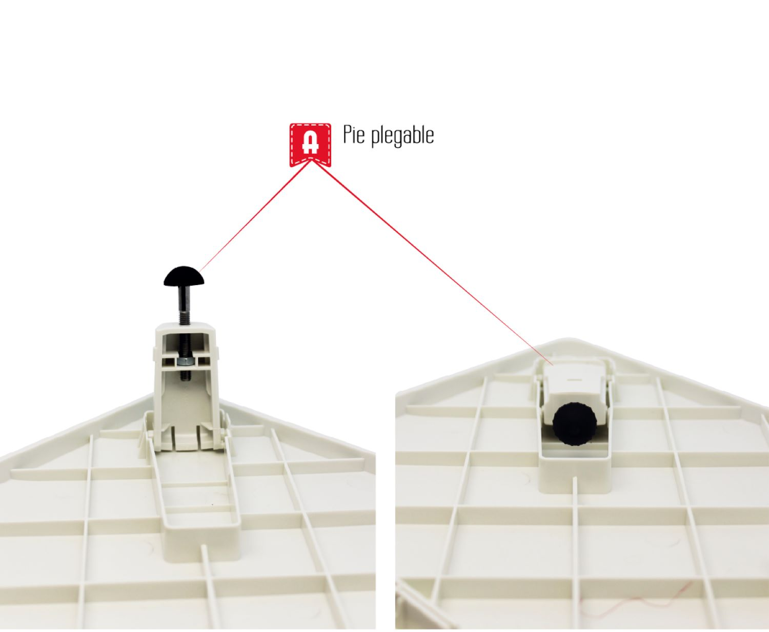 Dos imágenes de primer plano de una parte plegable de un producto blanco, con una etiqueta roja.