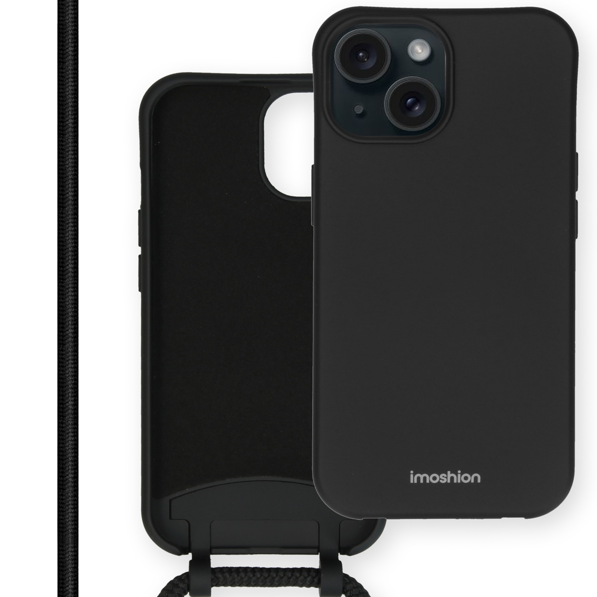 Coque de téléphone noire avec cordon noir. Le téléphone est dans la coque avec un logo.