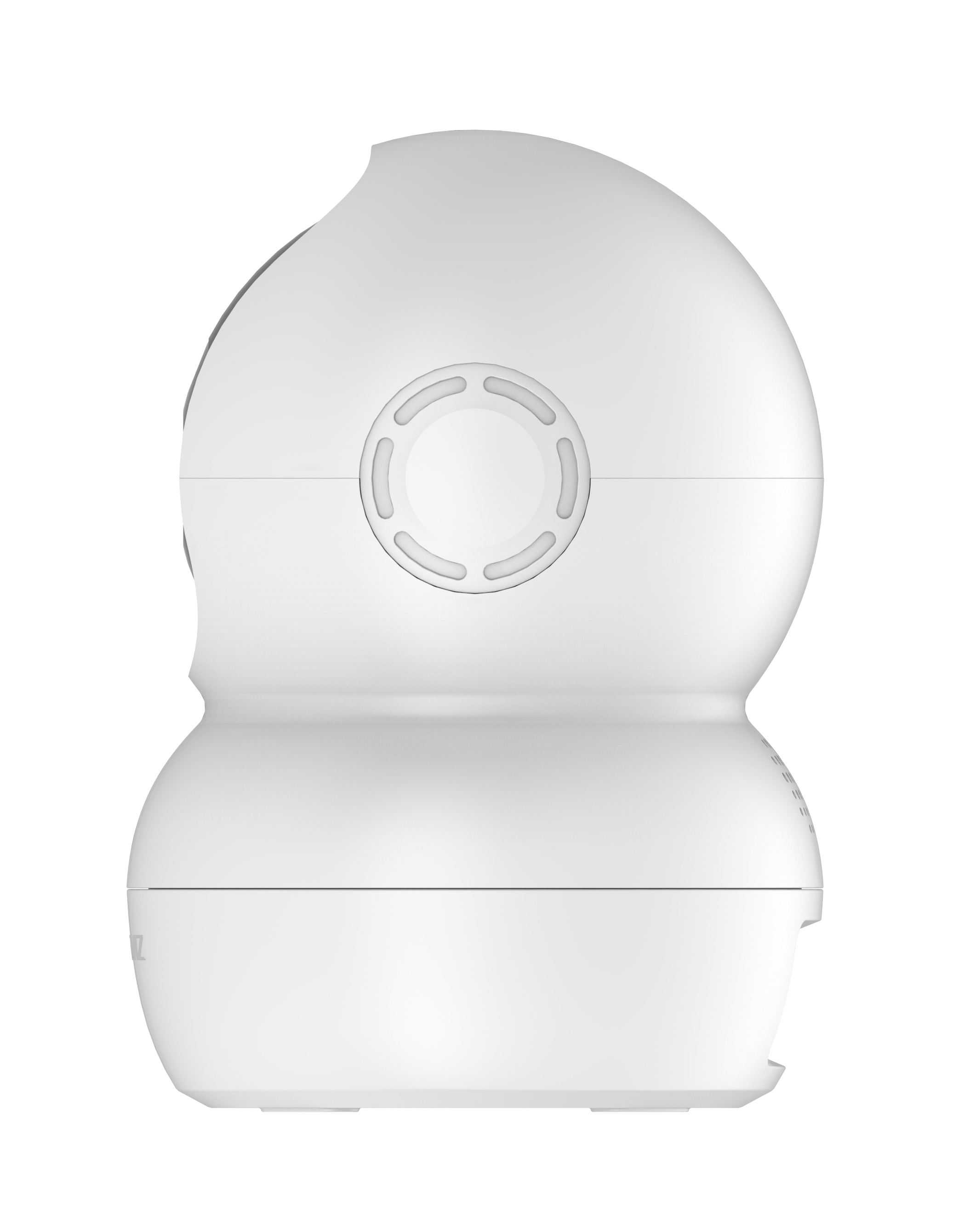 Biała kamera bezpieczeństwa.  Kamera jest na białym tle. Kamera ma okrągły kształt.