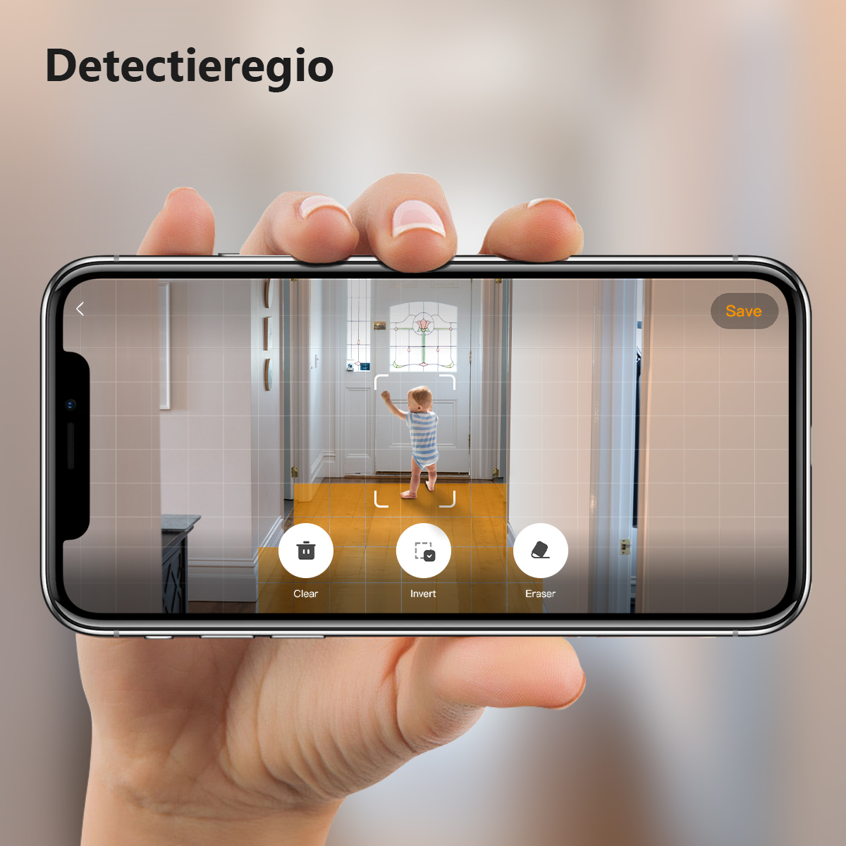 Dłoń trzymająca telefon z dzieckiem w pokoju, z opcjami.