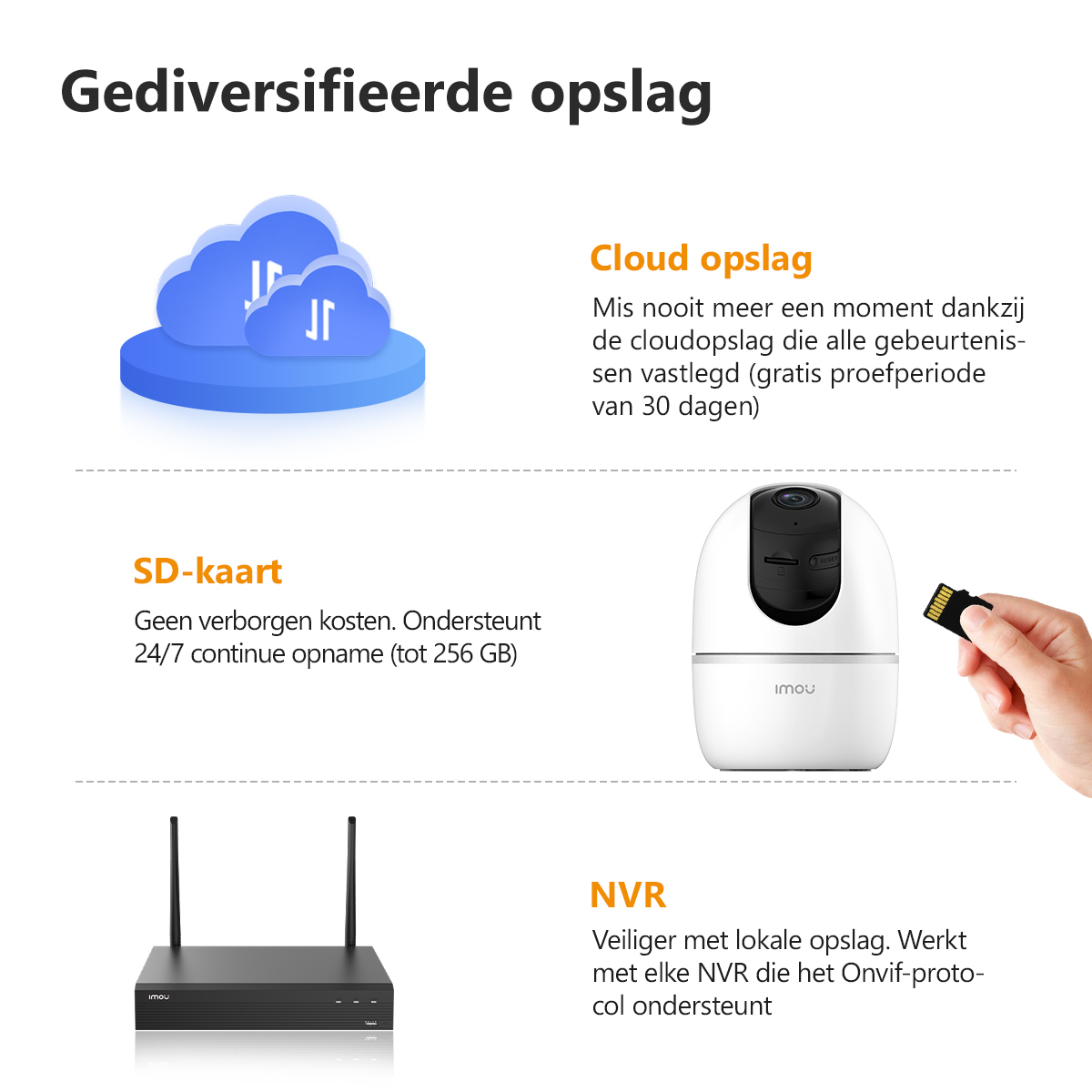 Diagram przedstawia przechowywanie w chmurze, kartę SD i NVR dla opcji przechowywania danych.