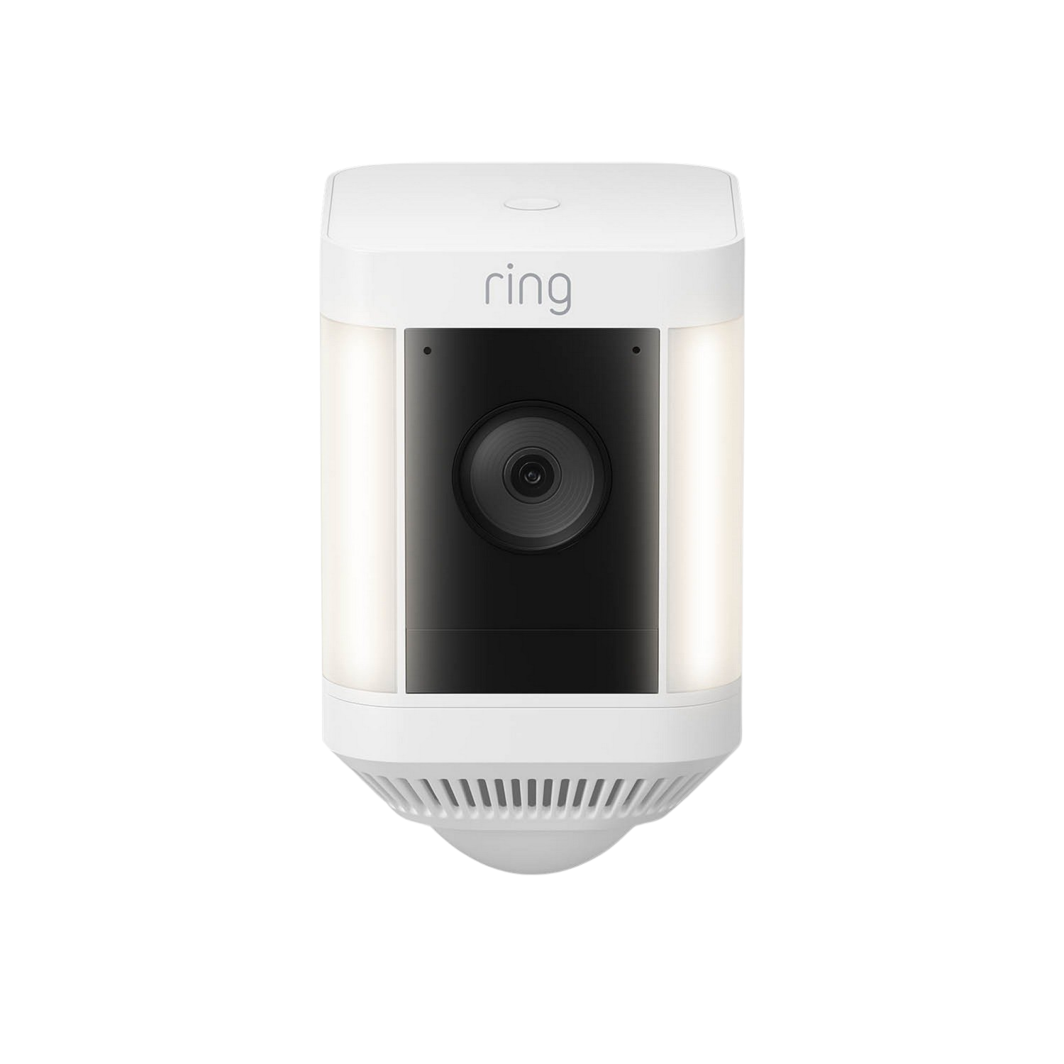 Biała kamera bezpieczeństwa z oświetleniem po każdej stronie. Marka to Ring.