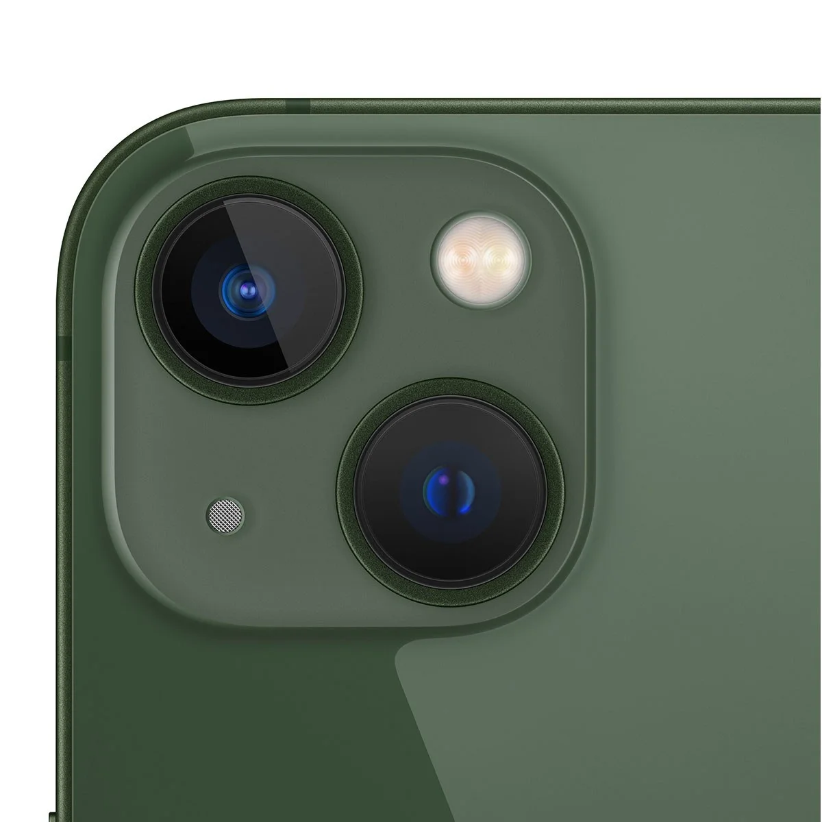 Zbliżenie zielonego modułu kamery telefonu. Widoczne są dwa obiektywy i lampa błyskowa.