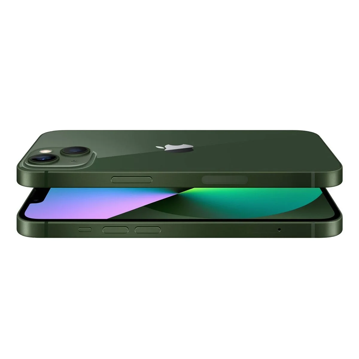 Zielony iPhone 13. Telefon na białym tle, z dwoma aparatami i logo Apple.